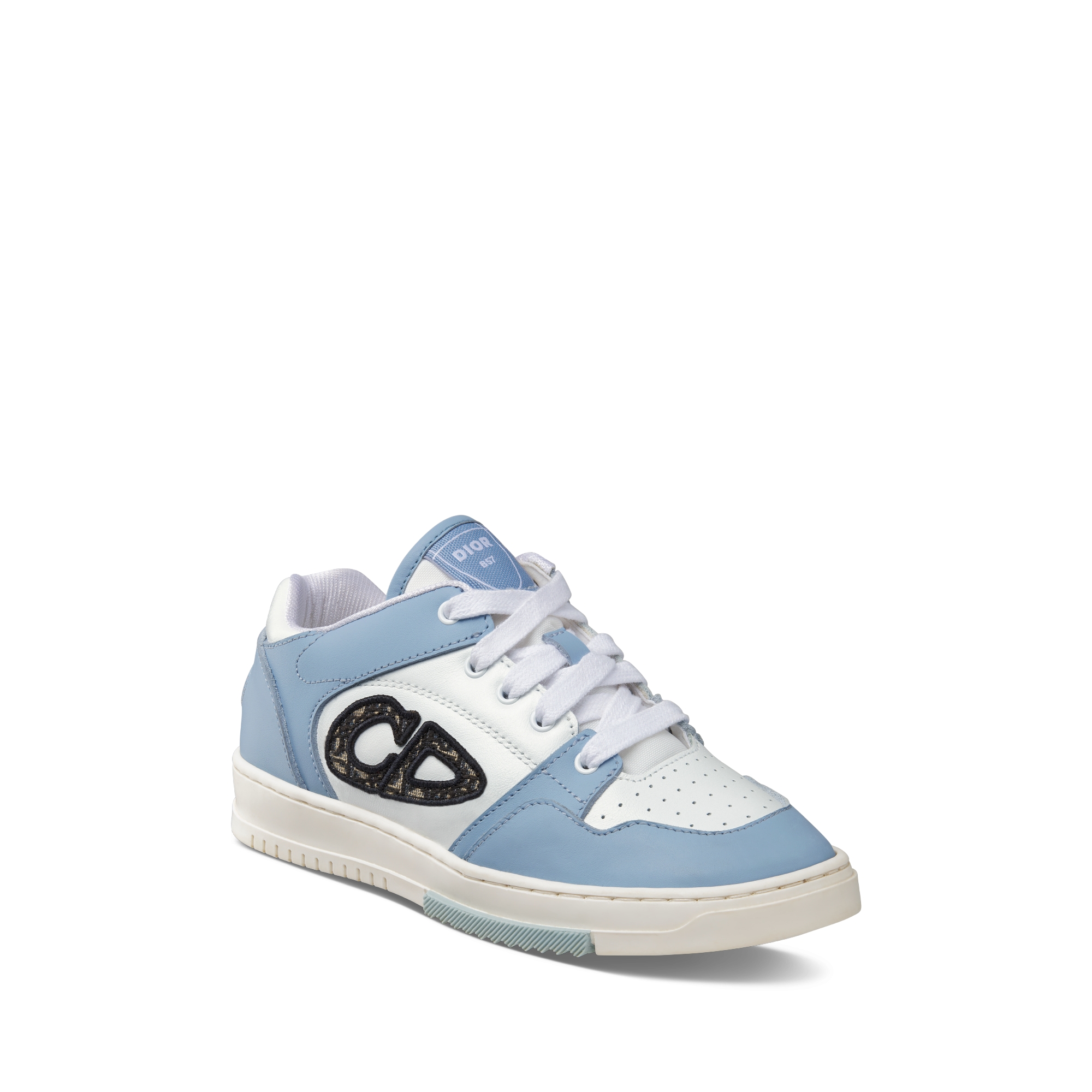 童裝 B57 Dribble 低筒運動鞋 藍色和白色光滑小牛皮，配米色和黑色 Dior Oblique 圖案緹花 E03