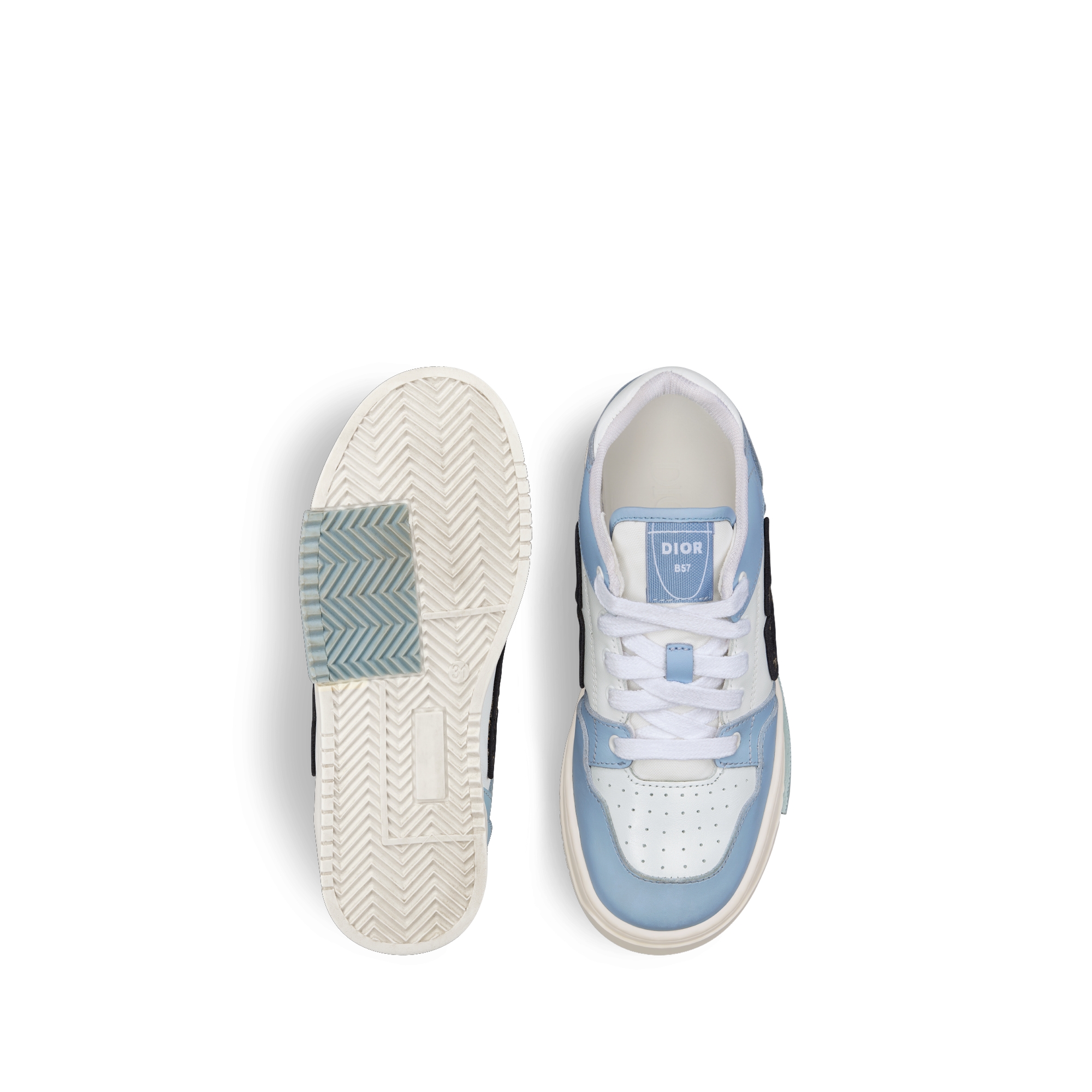 童裝 B57 Dribble 低筒運動鞋 藍色和白色光滑小牛皮，配米色和黑色 Dior Oblique 圖案緹花 E07