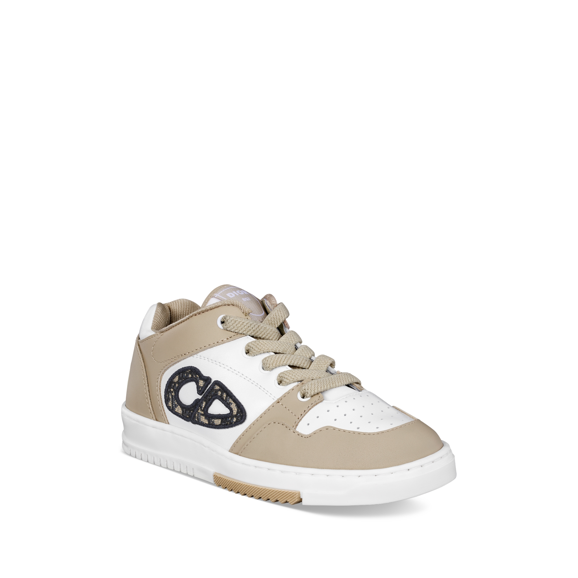 حذاء سنيكرز B57 Dribble منخفض للأطفال الصغار جلد العجل الناعم باللونين البيج والأبيض مع نمط ديور أوبليك بحبك الجاكار باللونين البيج والأسود E03