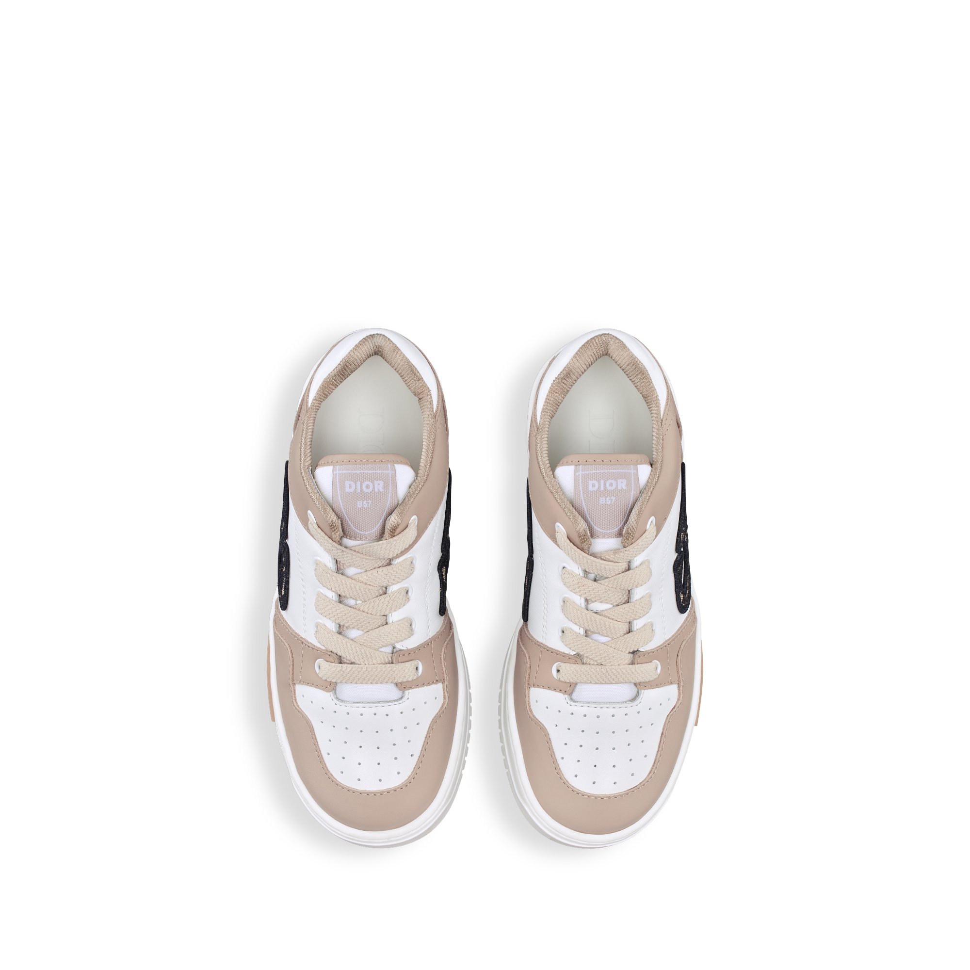 حذاء سنيكرز B57 Dribble منخفض للأطفال الصغار جلد العجل الناعم باللونين البيج والأبيض مع نمط ديور أوبليك بحبك الجاكار باللونين البيج والأسود E06