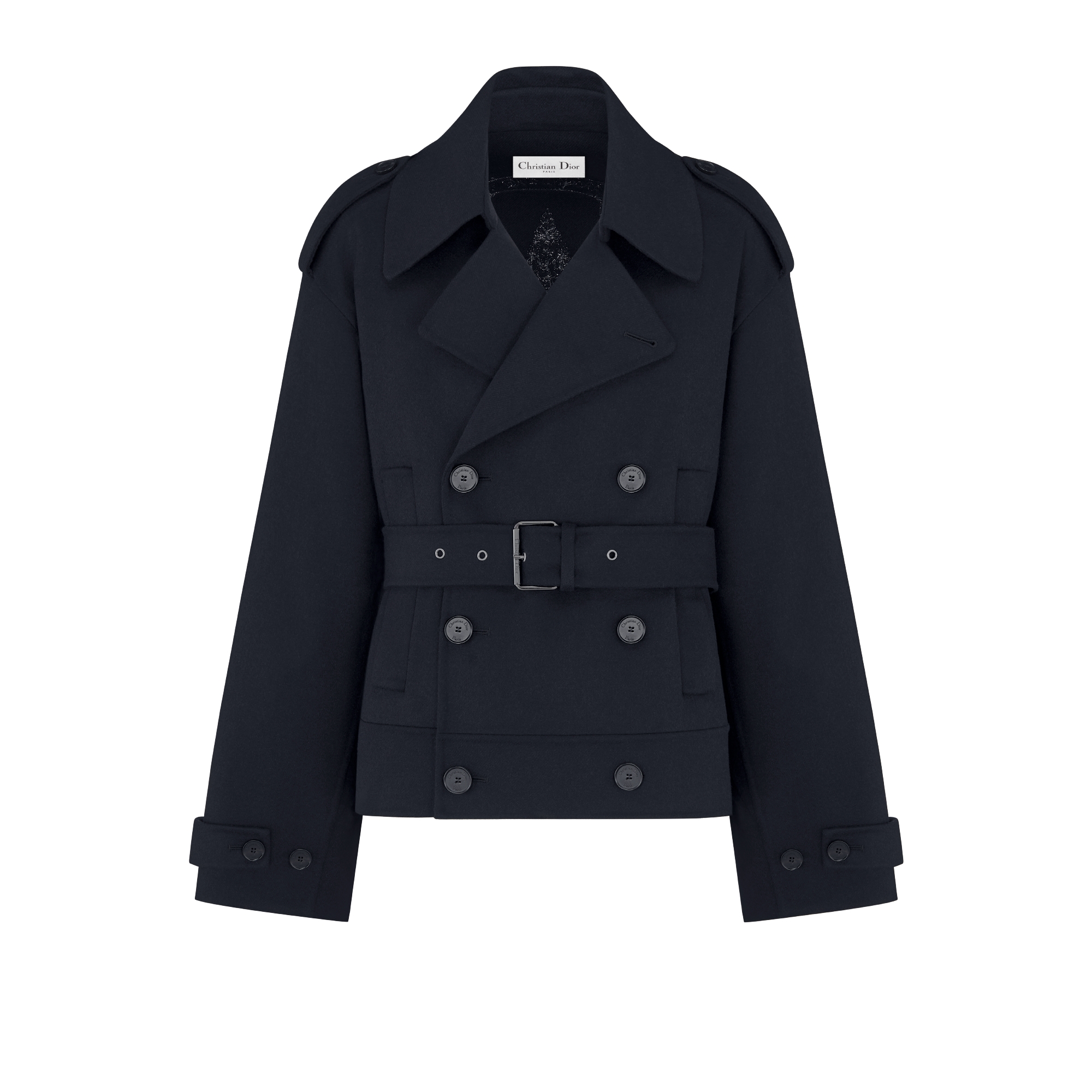 Oversized Belted Peacoat with Embroidery Navy Blue Double-Sided Blended Virgin Wool and Angora Felt with Silver-Tone Dior Around the World Embroidery E01