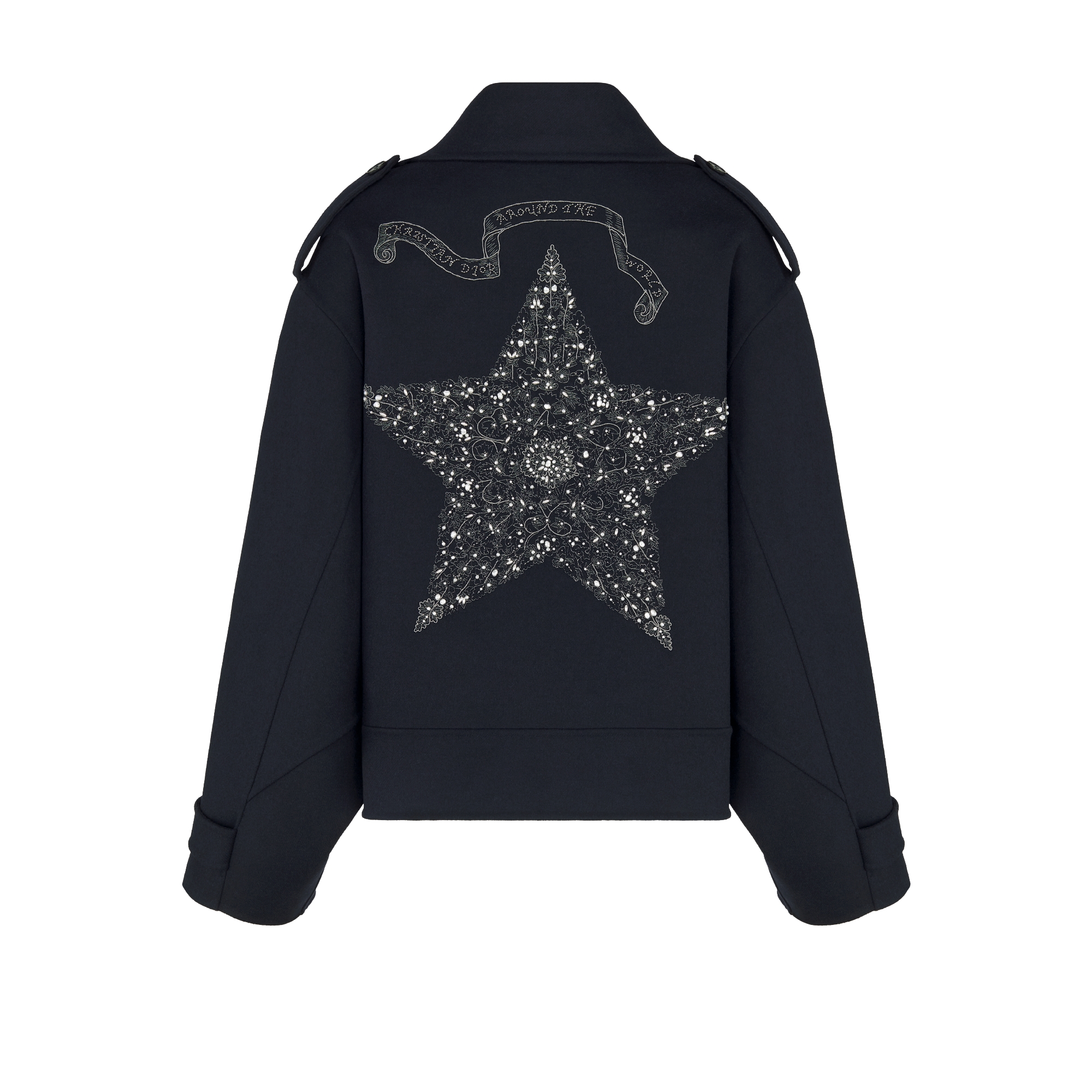 Oversized Belted Peacoat with Embroidery Navy Blue Double-Sided Blended Virgin Wool and Angora Felt with Silver-Tone Dior Around the World Embroidery E08