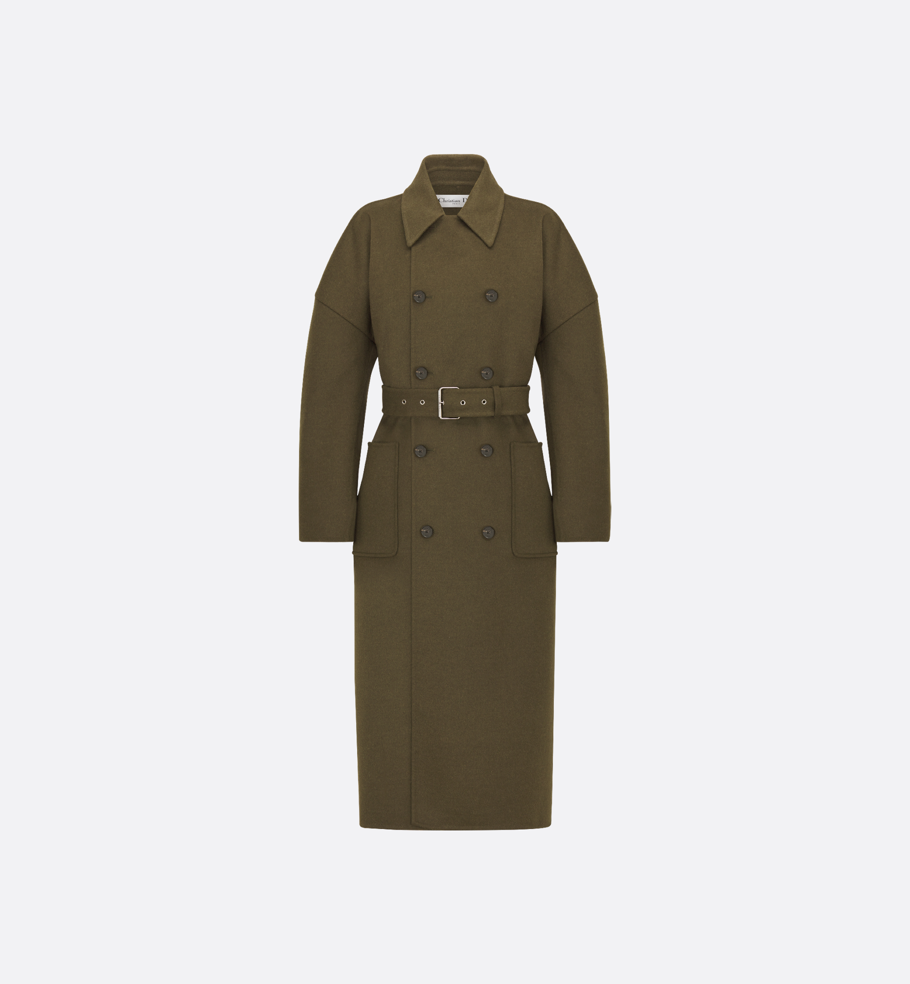 Long Belted Coat Green Double-Sided Blended Virgin Wool and Long Belted Coat Green Double-Sided Blended Virgin Wool and
