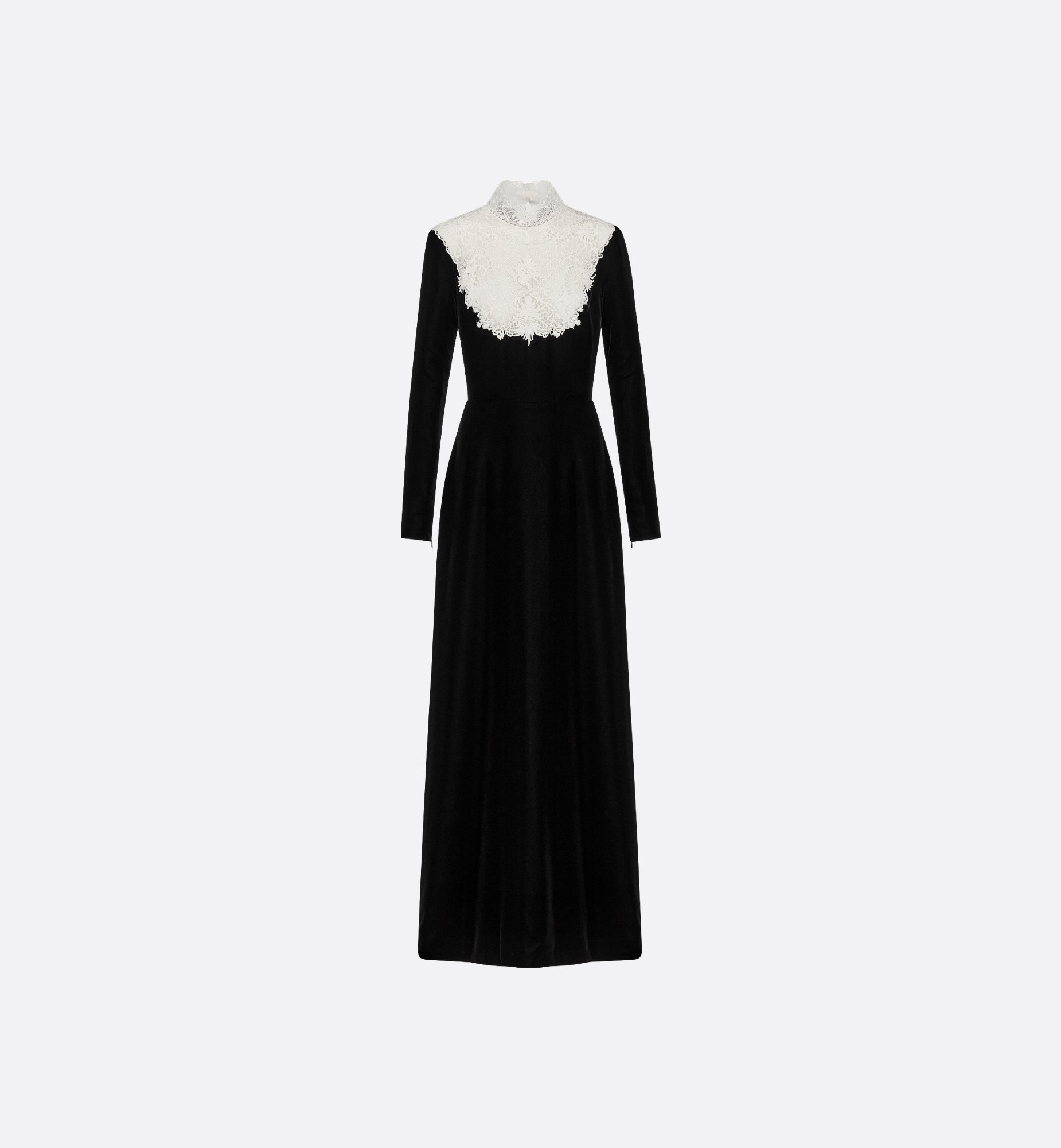 Long Plastron Dress Black Technical Velvet and White Lace | DIOR Long Plastron Dress Black Technical Velvet and White Lace | DIOR