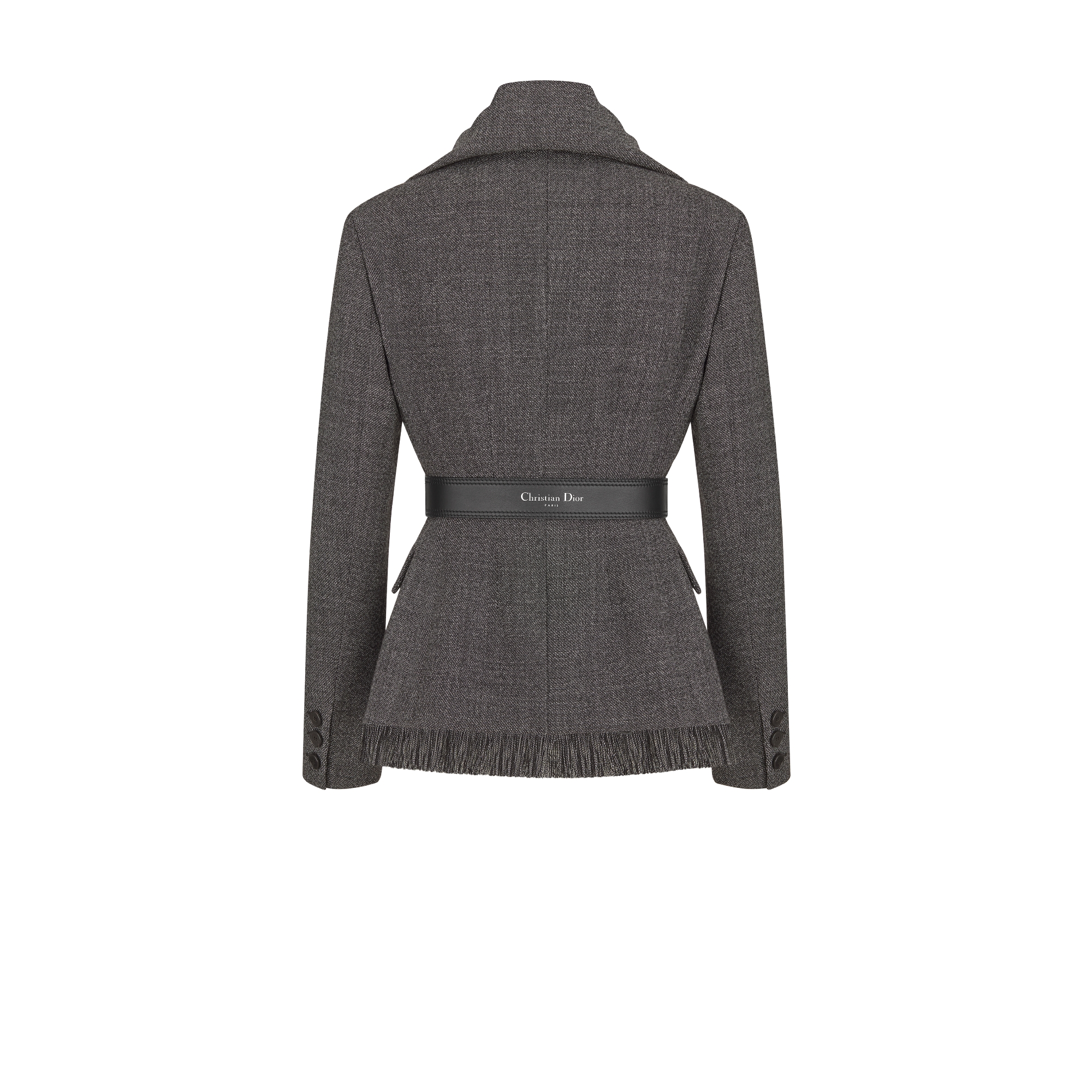 Belted Jacket with Removable Scarf Gray Virgin Wool Tweed E08