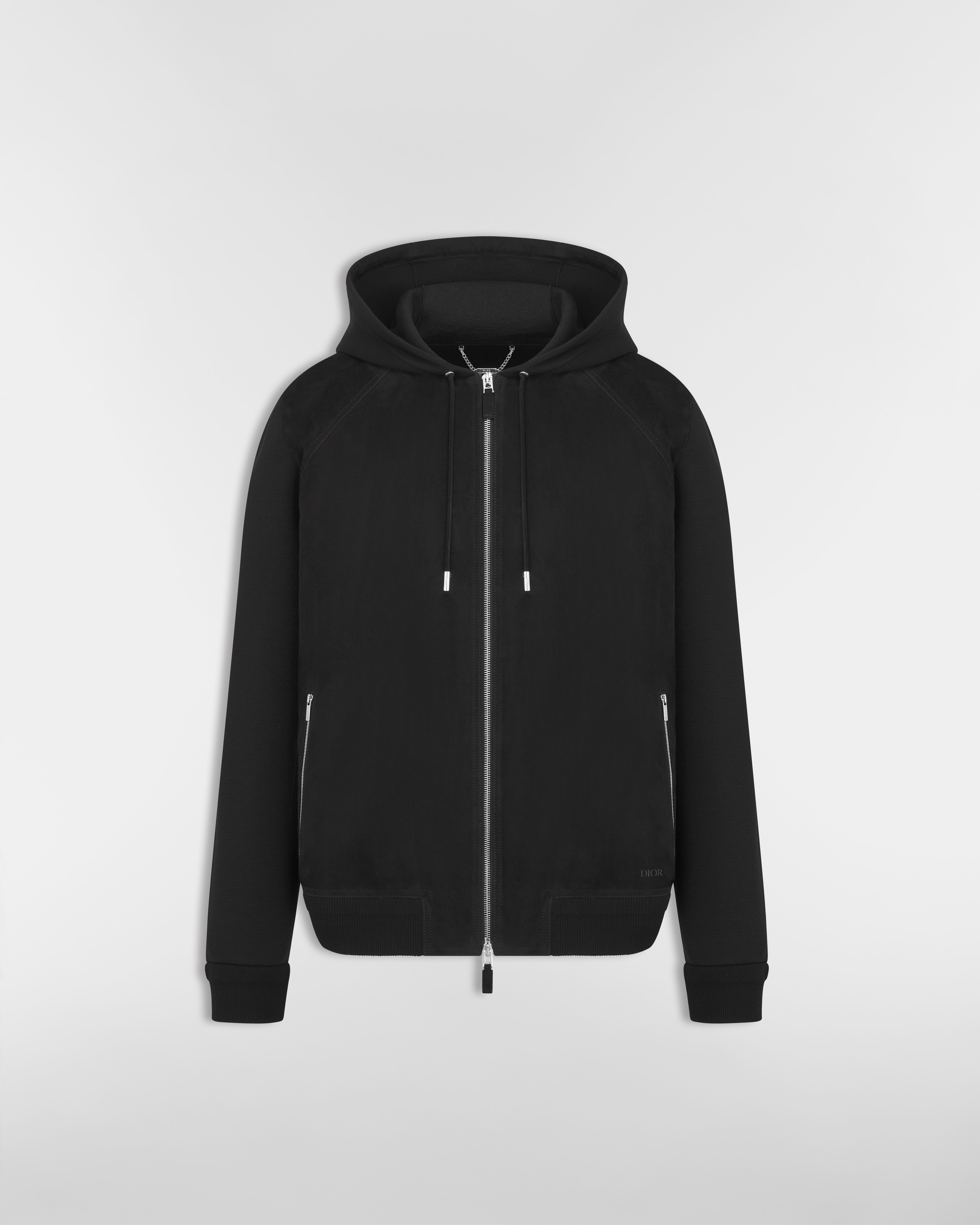 Dior Icons Zipped Hooded Sweatshirt Black Virgin Wool Punto Milano Knit and Suede E01