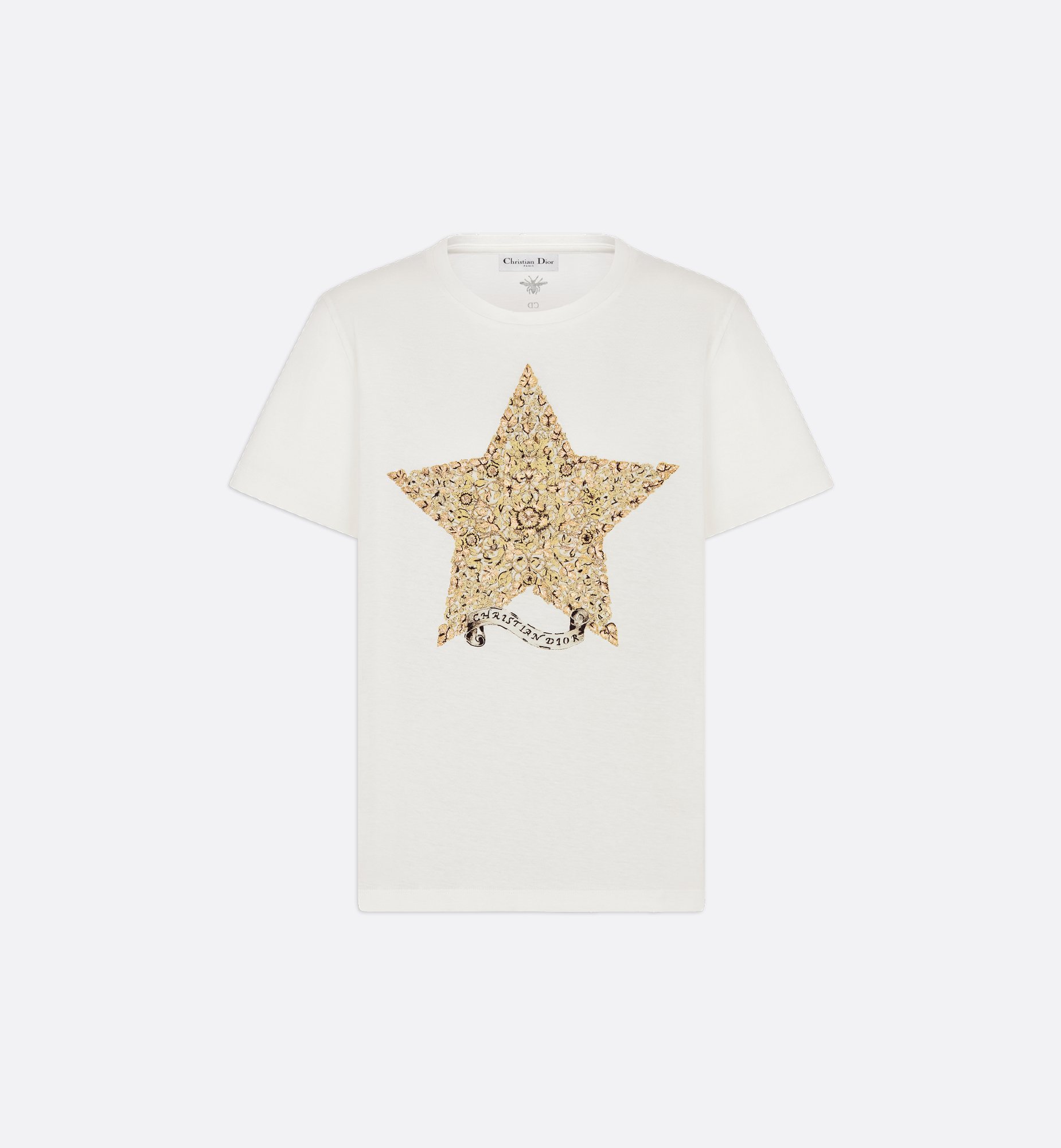 Embroidered T-Shirt White Cotton and Linen Jersey with Gold Embroidered T-Shirt White Cotton and Linen Jersey with Gold