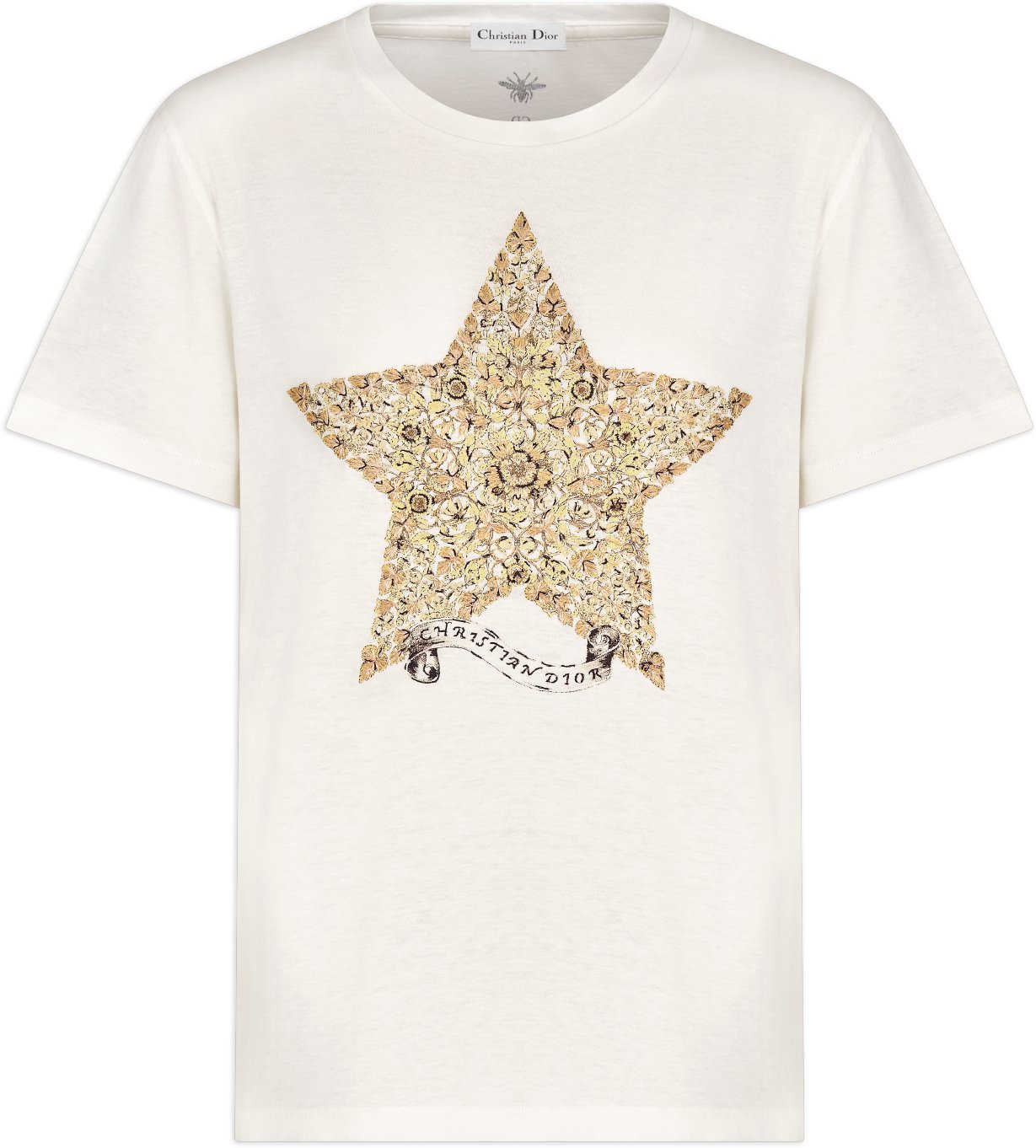 Embroidered T Shirt White Cotton and Linen Jersey with Gold Tone Dior Around the World Motif DIOR