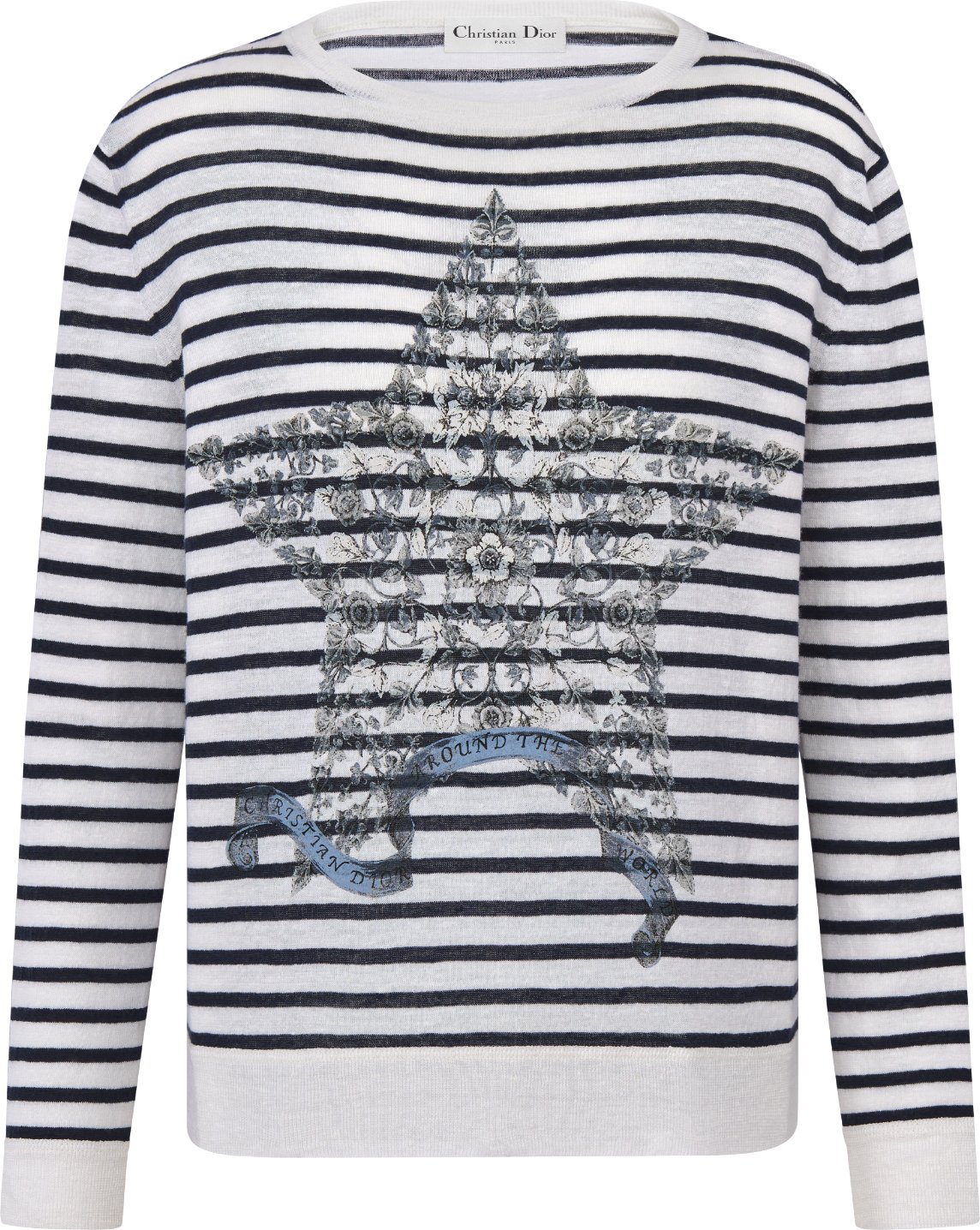 Dior Marinière Sweater Navy Blue and White Linen, Cashmere and Silk Knit  with Multicolor Dior Around the World Motif | DIOR