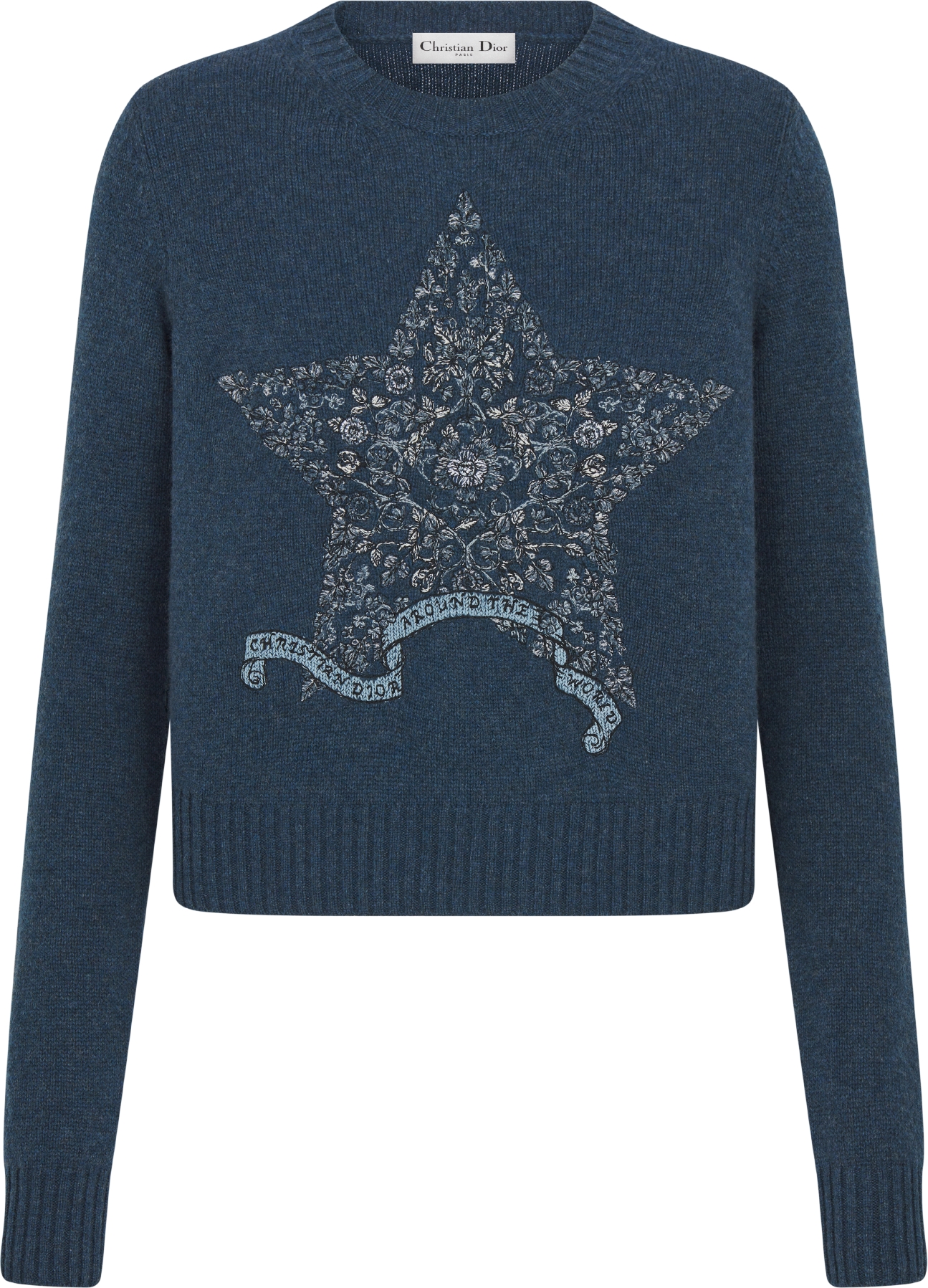 Embroidered Sweater Gray Cashmere Knit with Multicolor Dior Around the World Motif DIOR