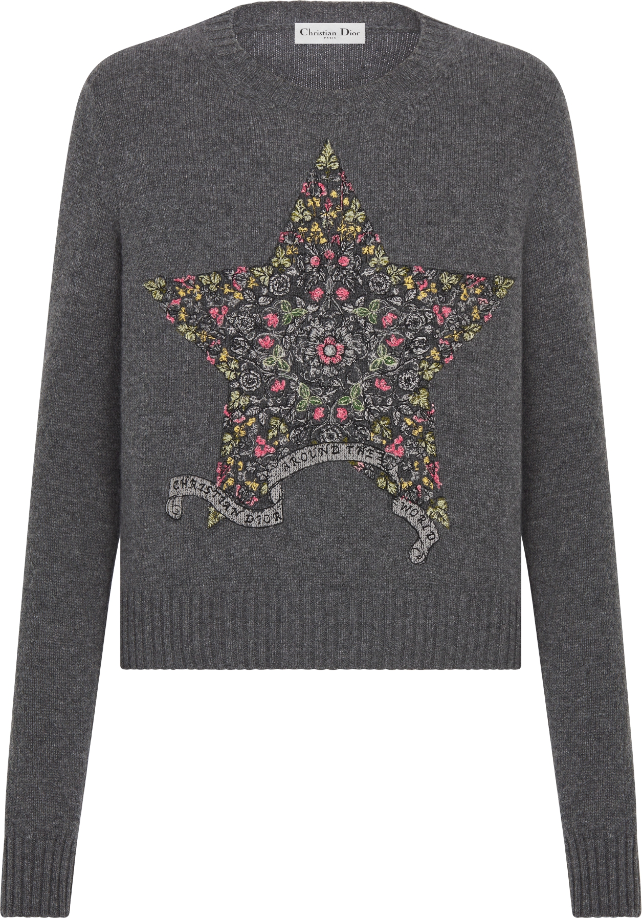 Embroidered Sweater Blue Cashmere Knit with Multicolor Dior Around the World Motif DIOR