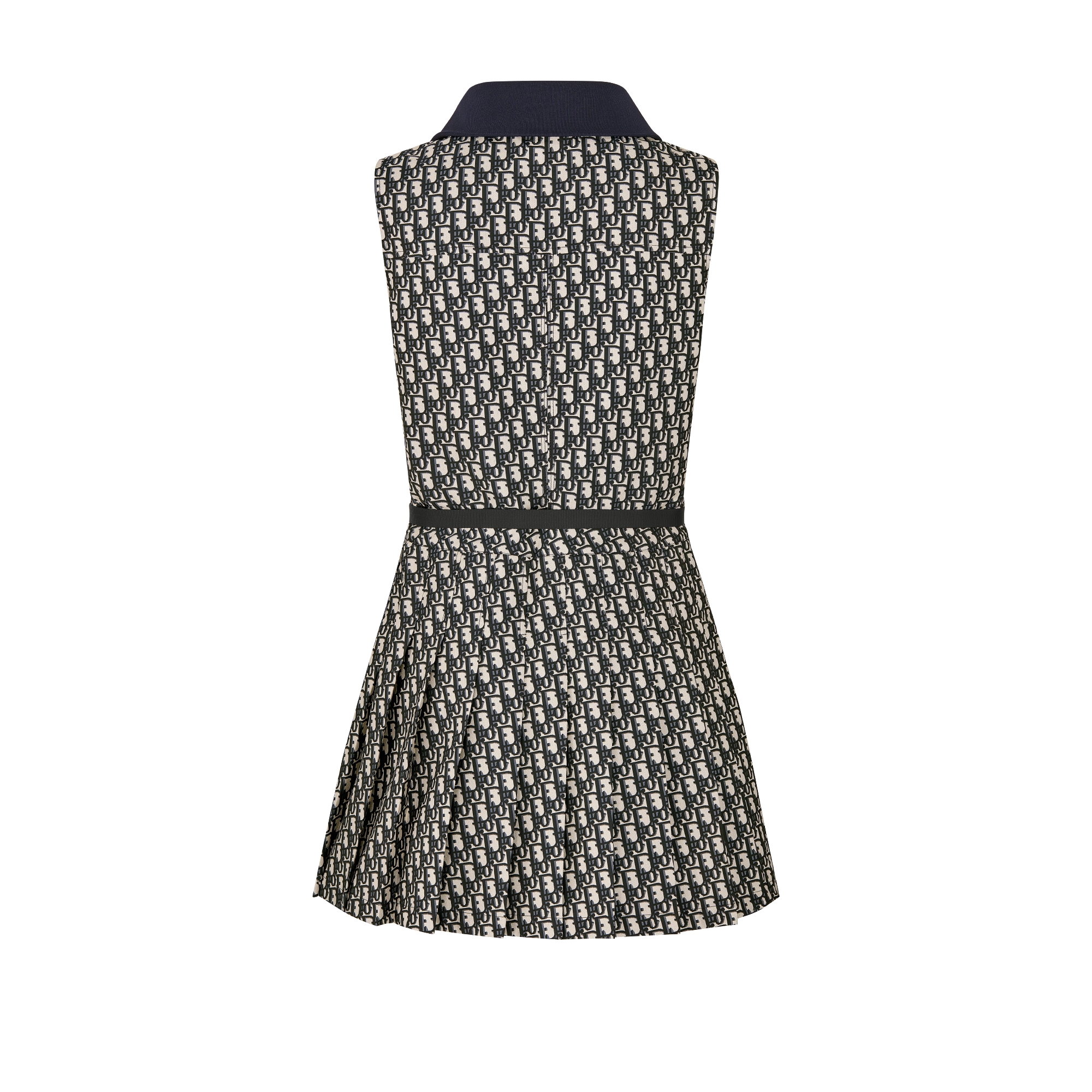 Pleated Short Dress Blue and Ecru Technical Taffeta Jacquard with Dior Oblique Motif E08