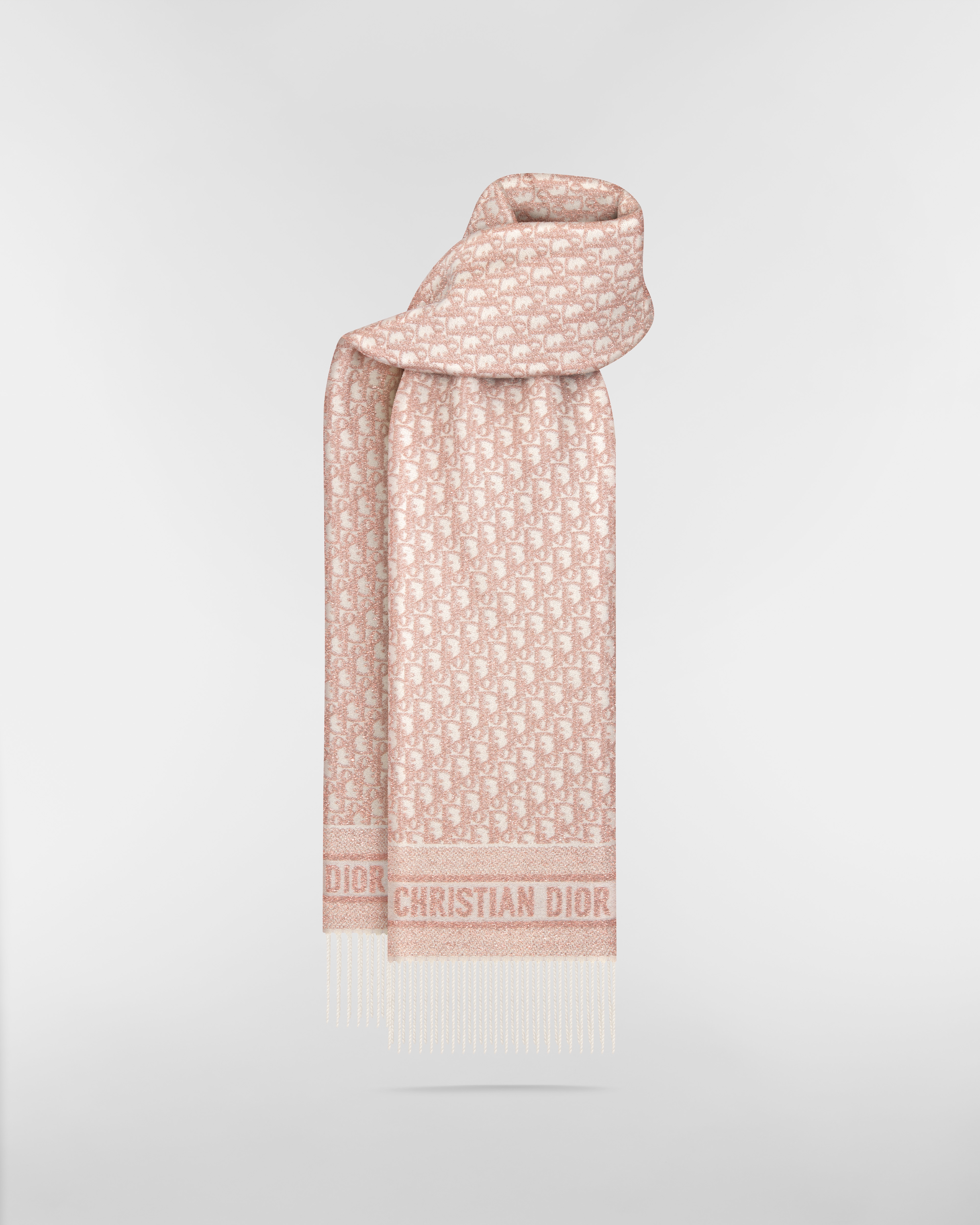 Dior 印花围巾 玫瑰粉色山羊绒混纺面料金属光泽线 Oblique 印花 E01