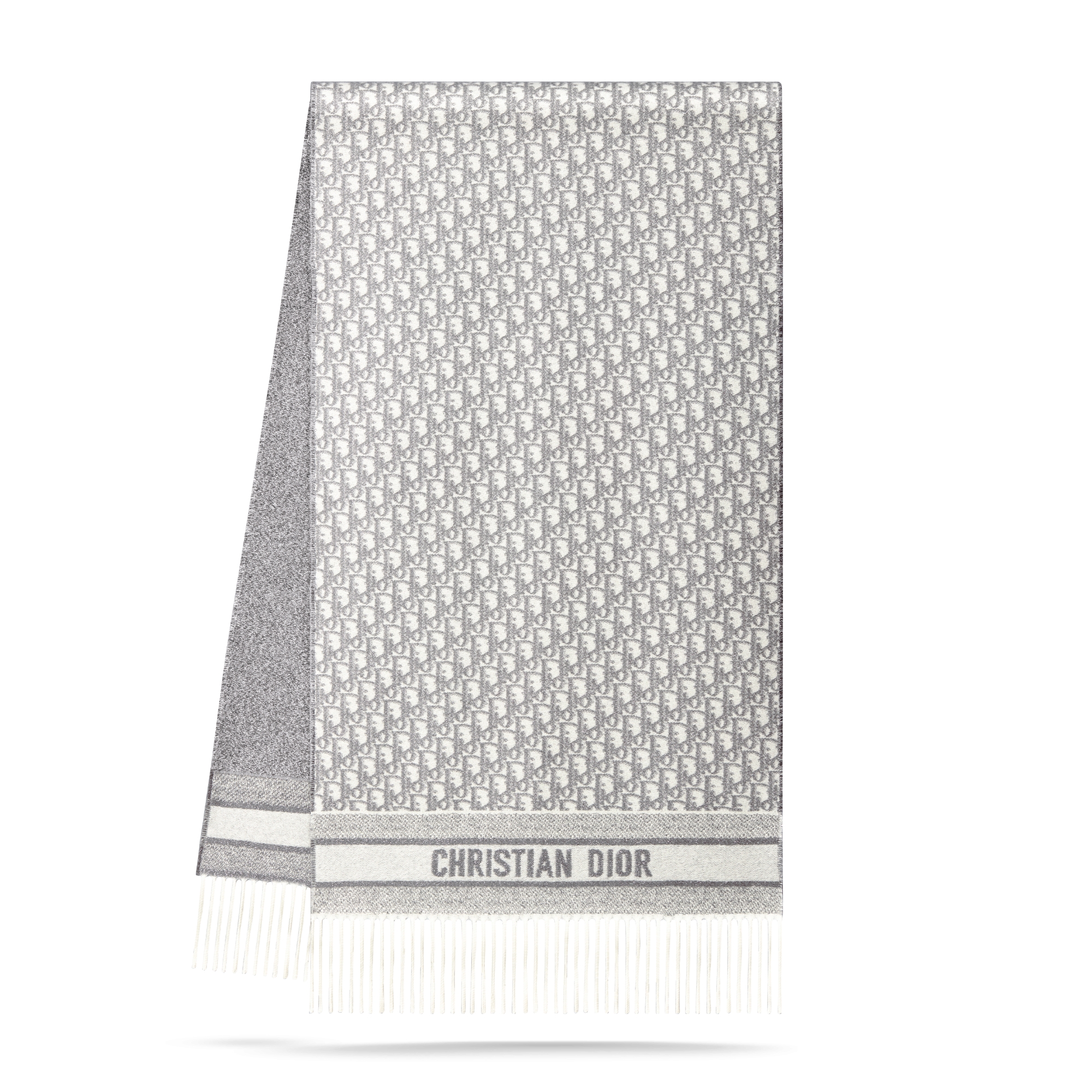 Dior Oblique Scarf White Cashmere Blend and Silver-Tone Metallic Thread E03