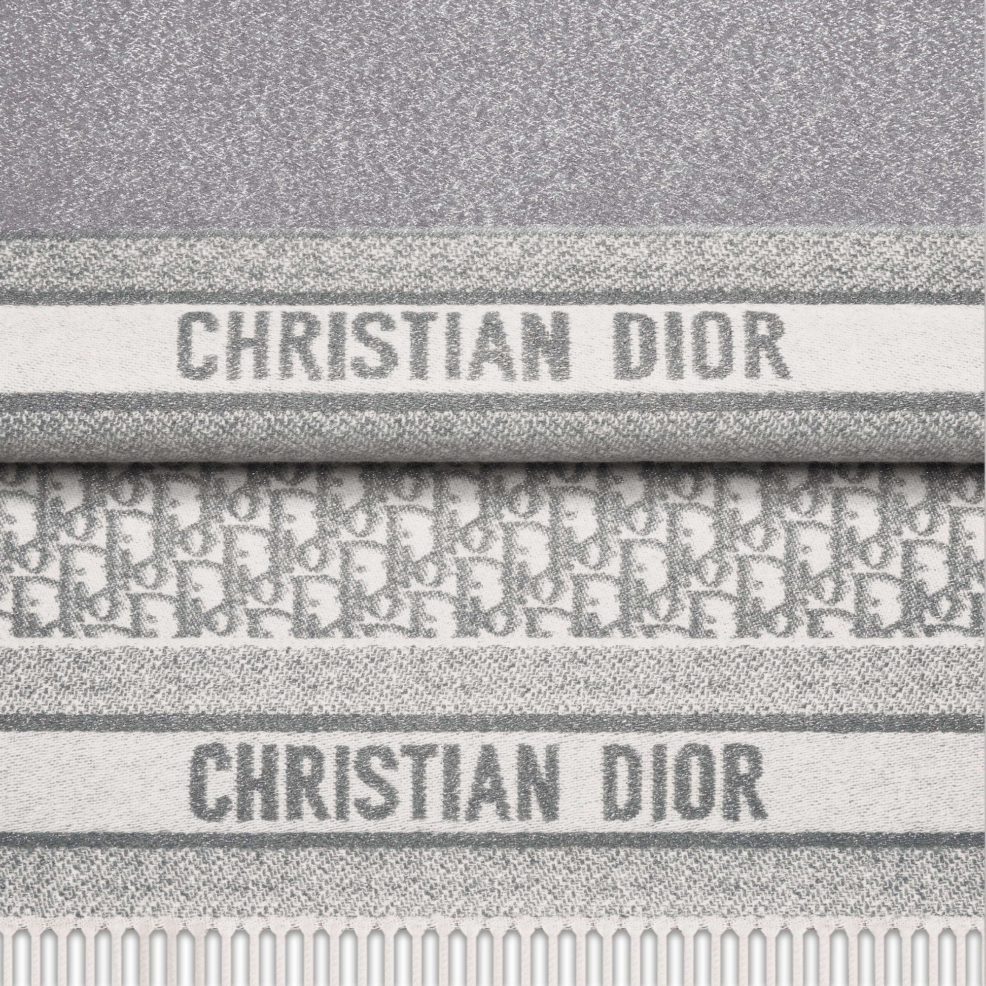 Dior Oblique Scarf White Cashmere Blend and Silver-Tone Metallic Thread E09