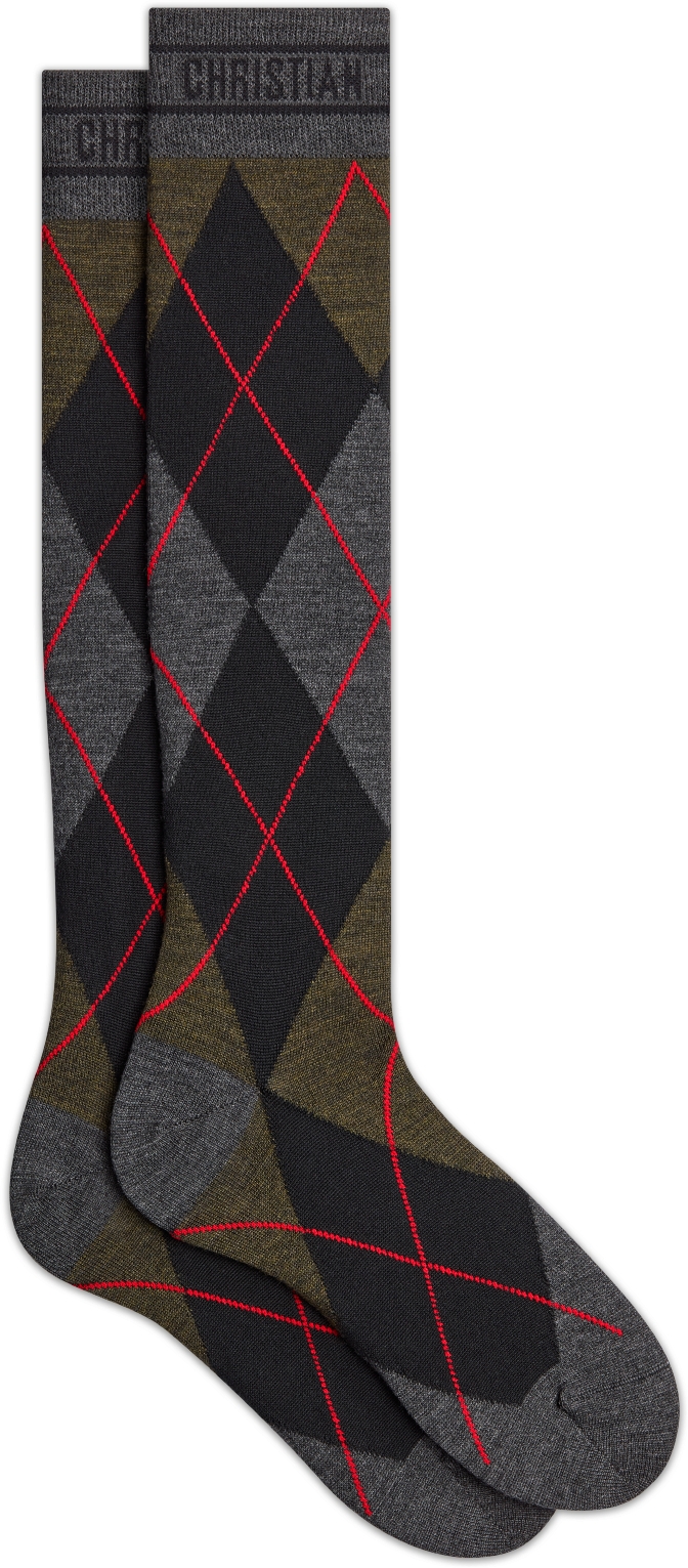 Check n Dior Mid Length Socks Green Black and Gray Wool DIOR