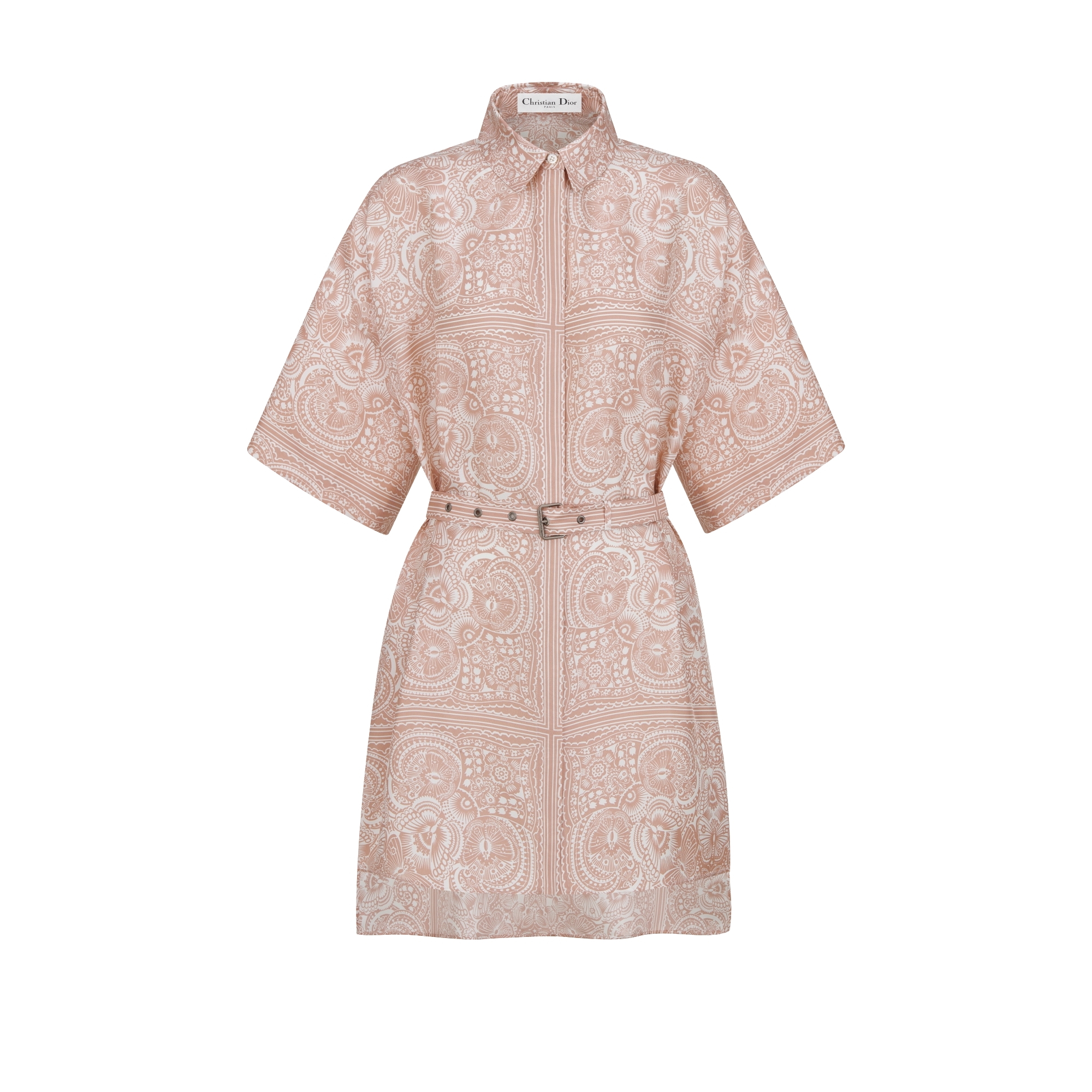 Short Belted Shirtdress Peach Blossom Pink and White Silk Twill with D ...
