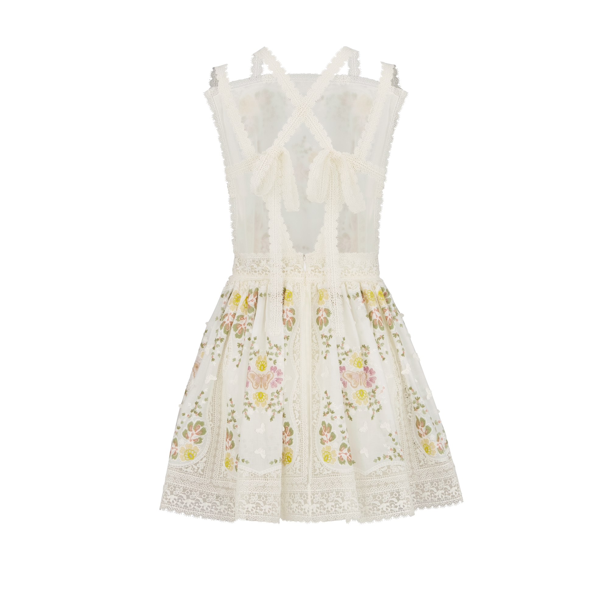 Short Flared Dress White Cotton-Blend Lace with Multicolor Allover Butterfly Motif E08