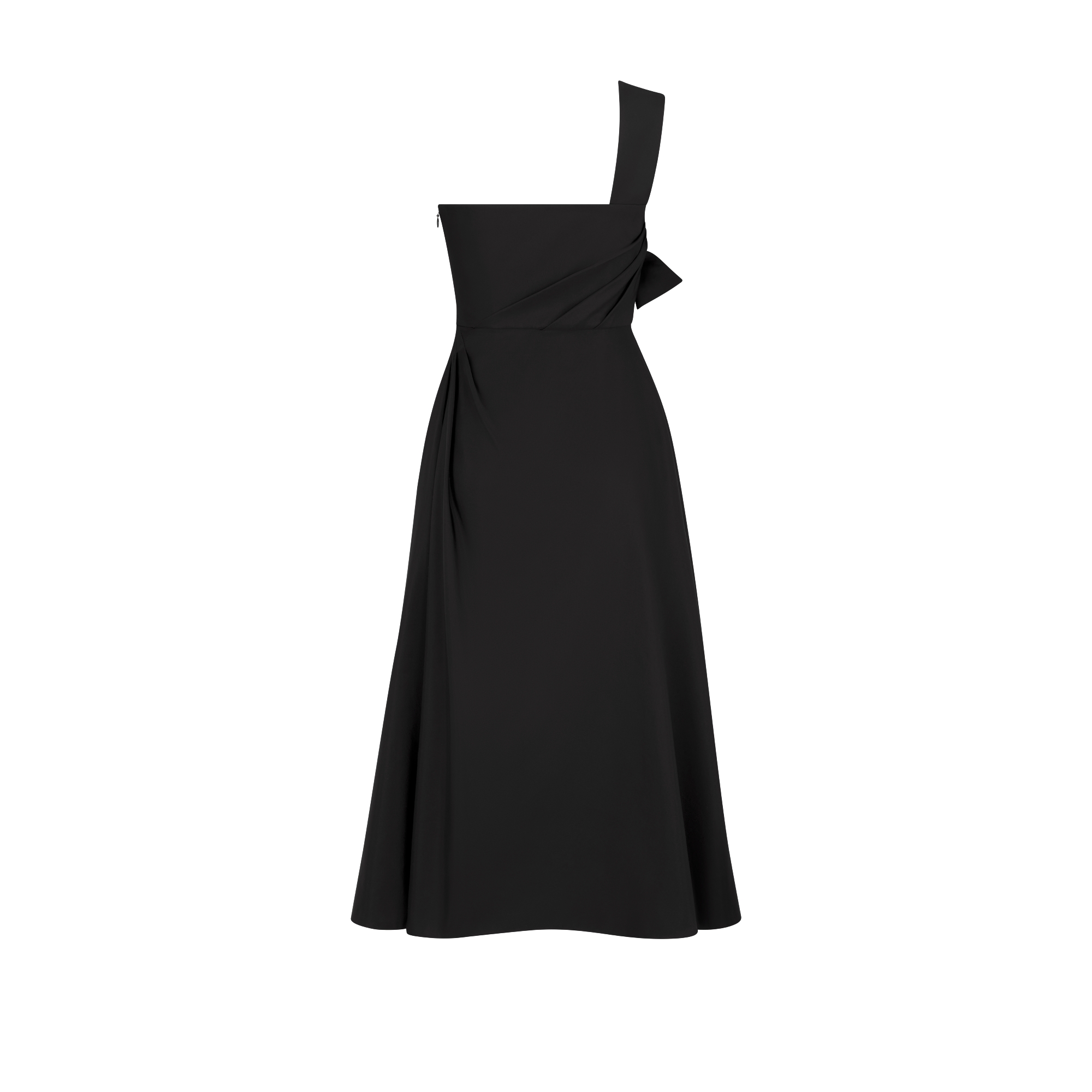 Robe mi-longue asymétrique Faille de soie et coton noirs E08