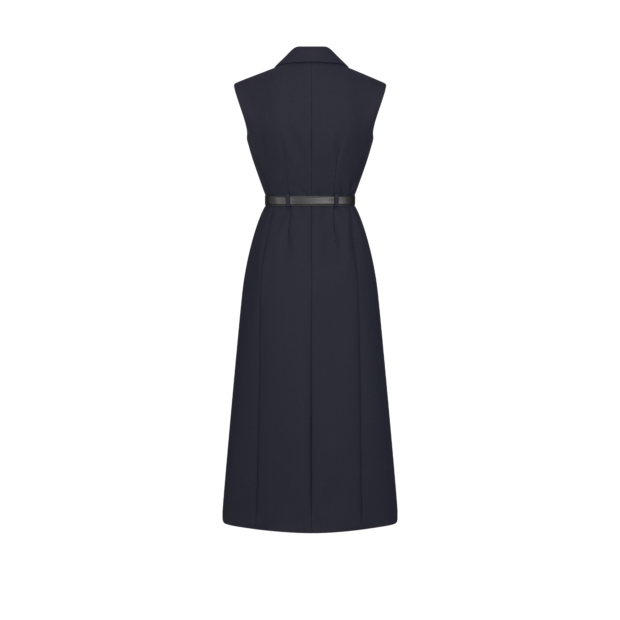 Mid-Length Belted Dress Blue Virgin Wool and Silk Grain de Poudre E08