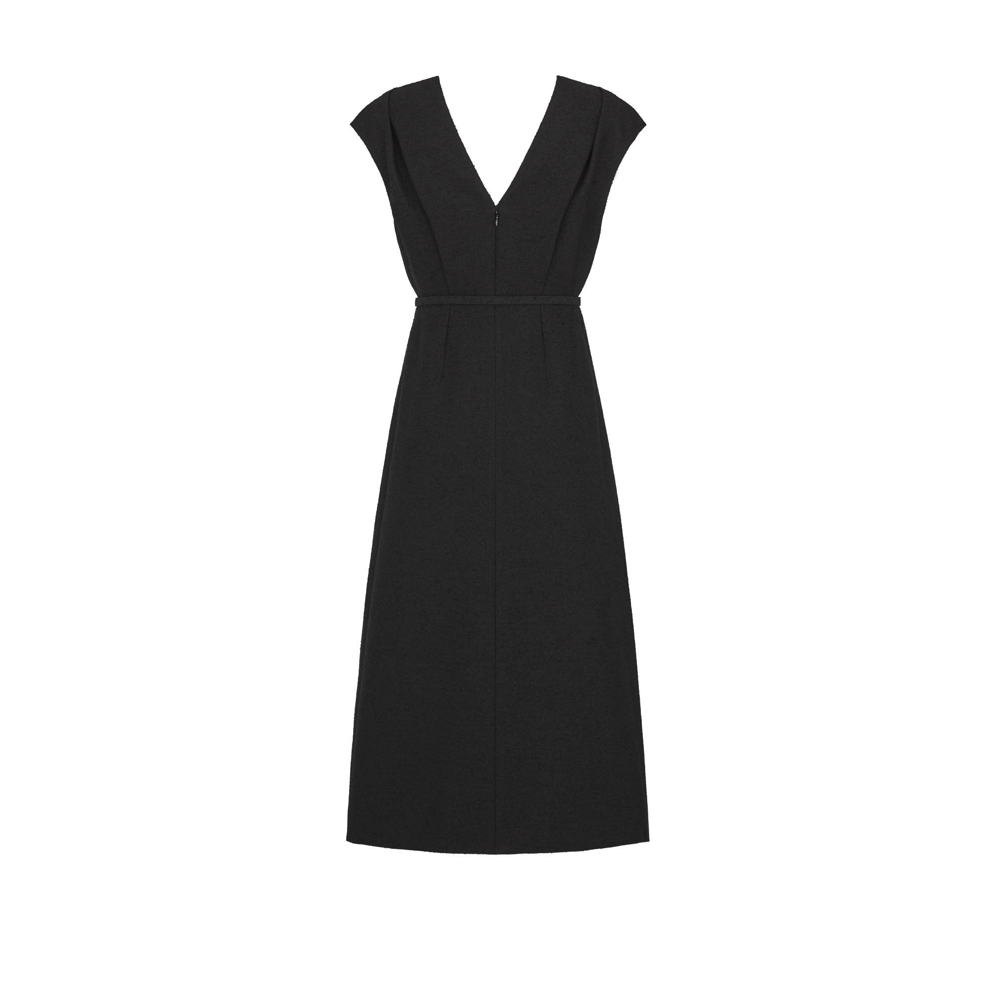 Mid-Length Belted Dress Black Lightweight Virgin Wool and Cotton Bouclé E08