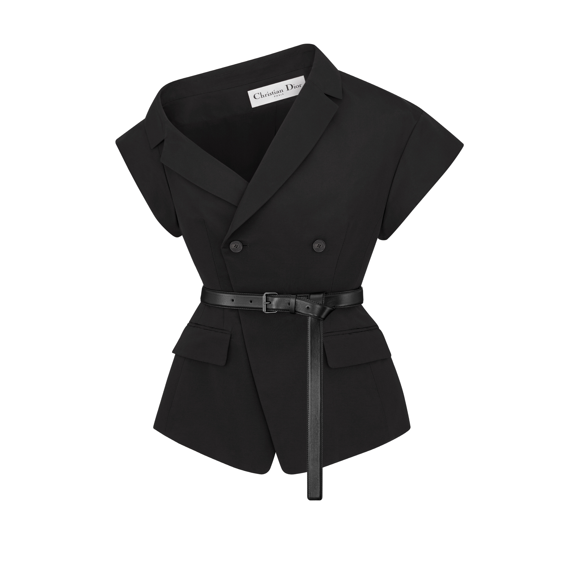 Asymmetric Short-Sleeved Jacket with Belt Black Silk and Cotton