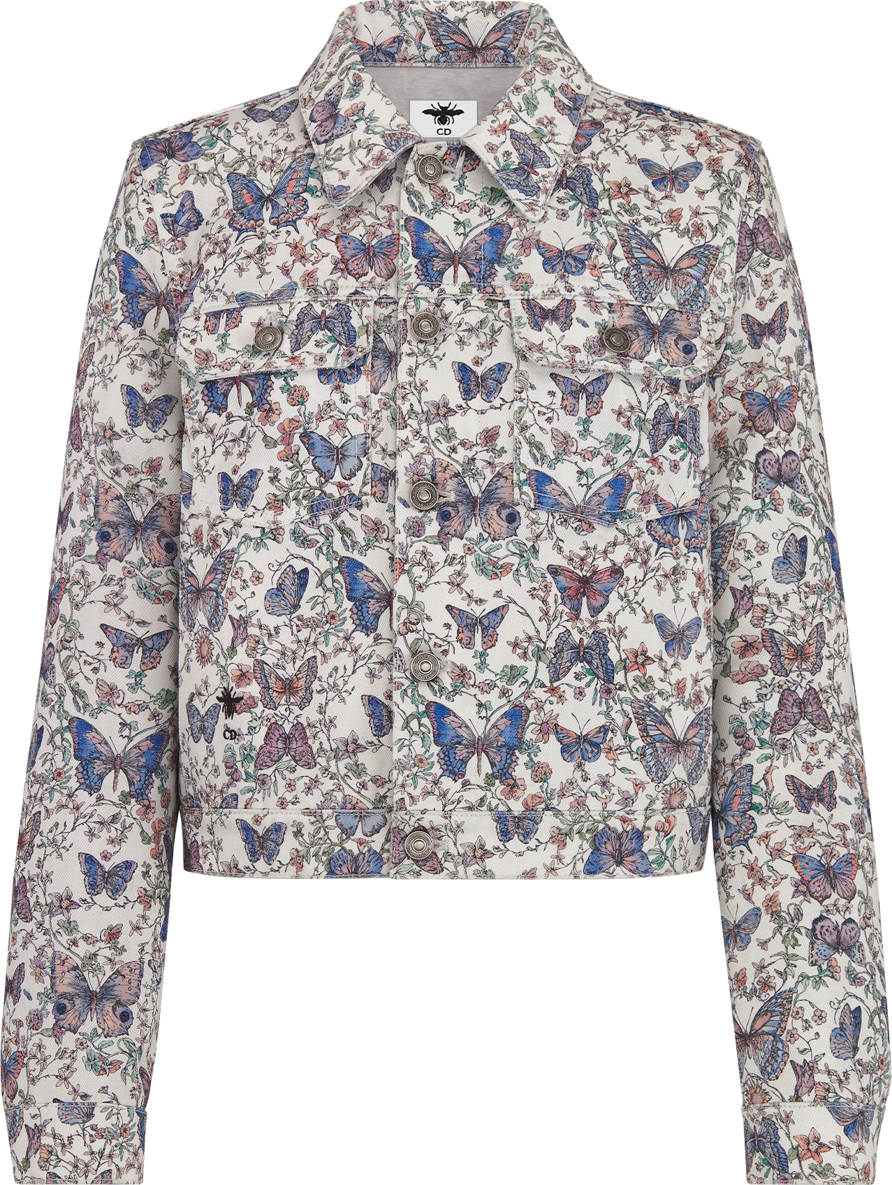 Jacket White Cotton Denim with Multicolor Toile de Jouy Papillon Motif ...