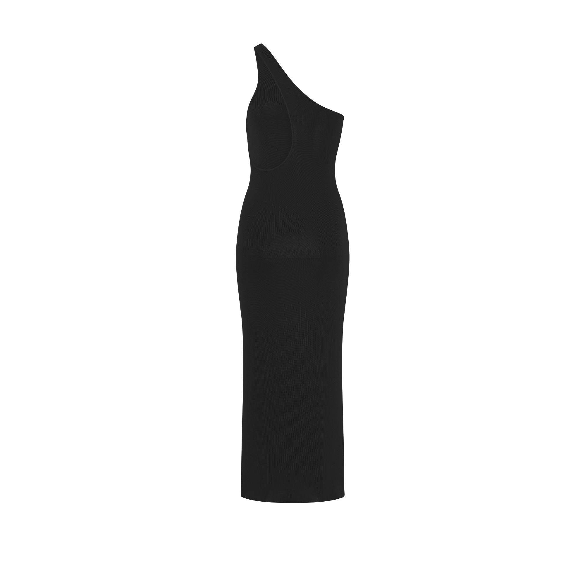 Mid-Length Asymmetric Dress Black Ribbed Silk Knit E08