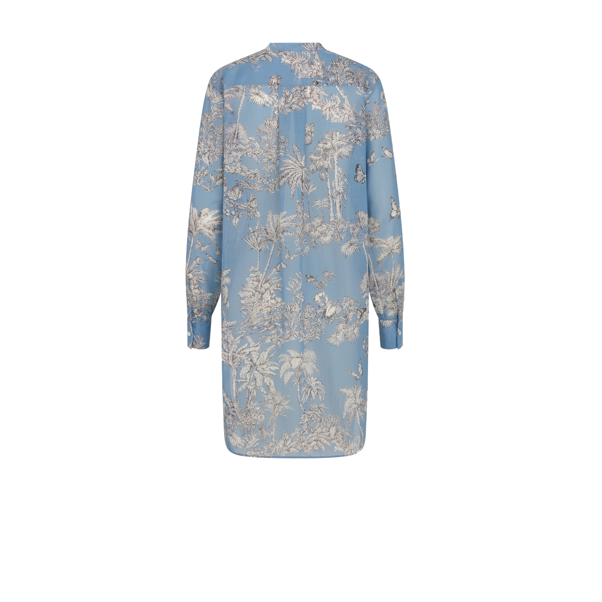 Dioriviera Long Blouse White Cotton Muslin with Celestial Blue Toile de Jouy Palms Motif E08