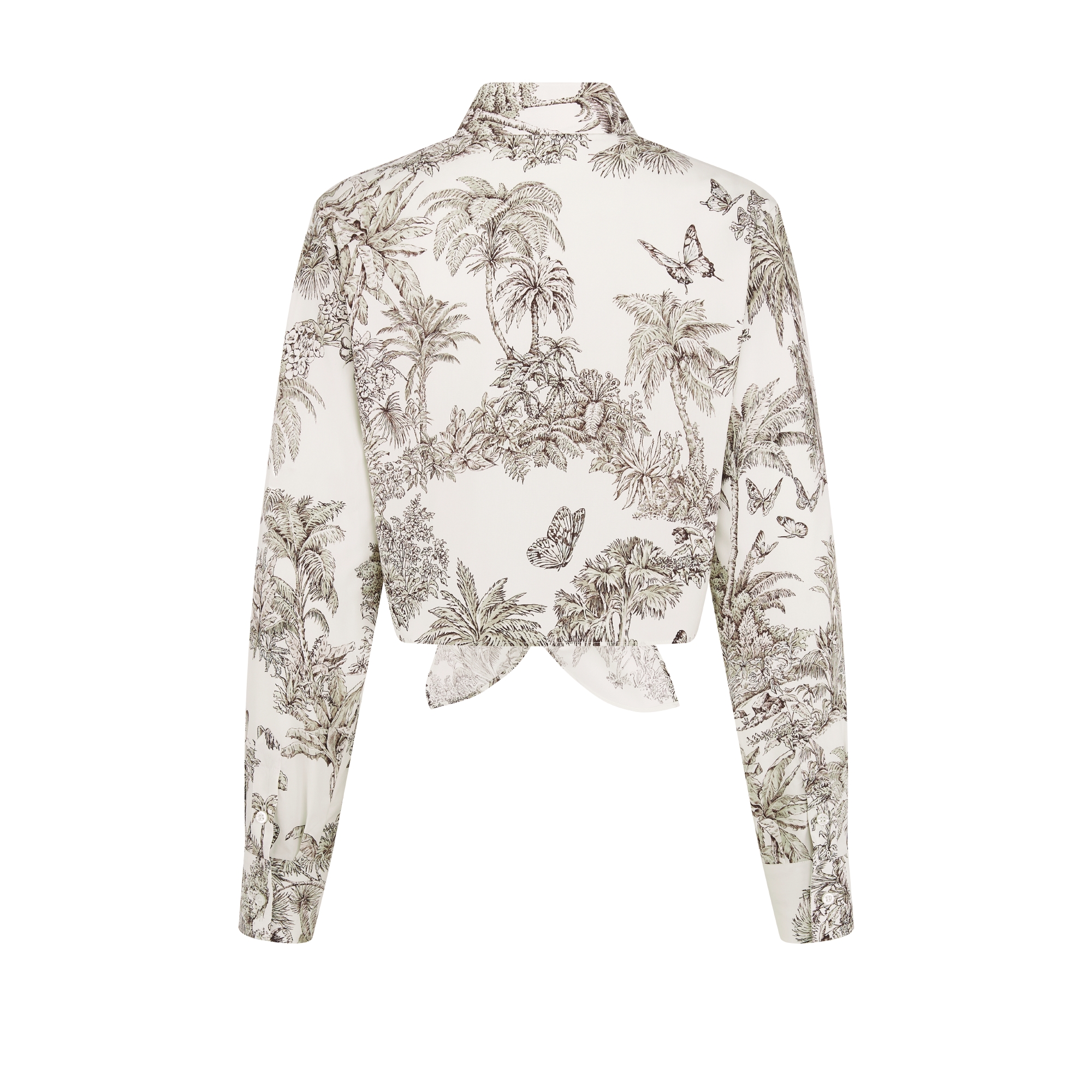Dioriviera Bluse zum Binden im Cropped-Stil Baumwoll- und Seidenpopelin in Weiß und Haselnussbraun mit Toile de Jouy Palms Motiv E08