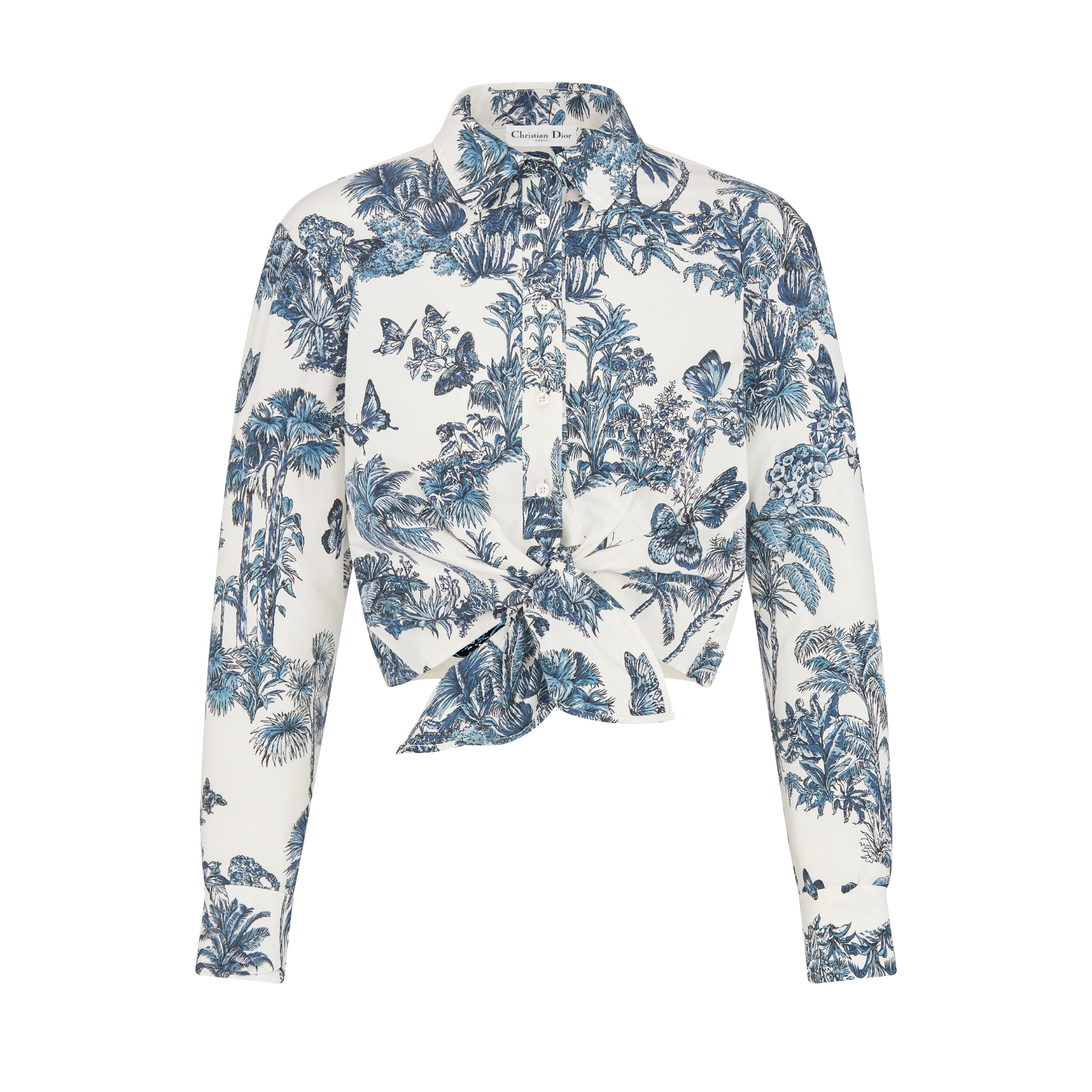 Dioriviera Cropped Tied Blouse White and Blue Toile de Jouy Palms Cotton and Silk Poplin E01