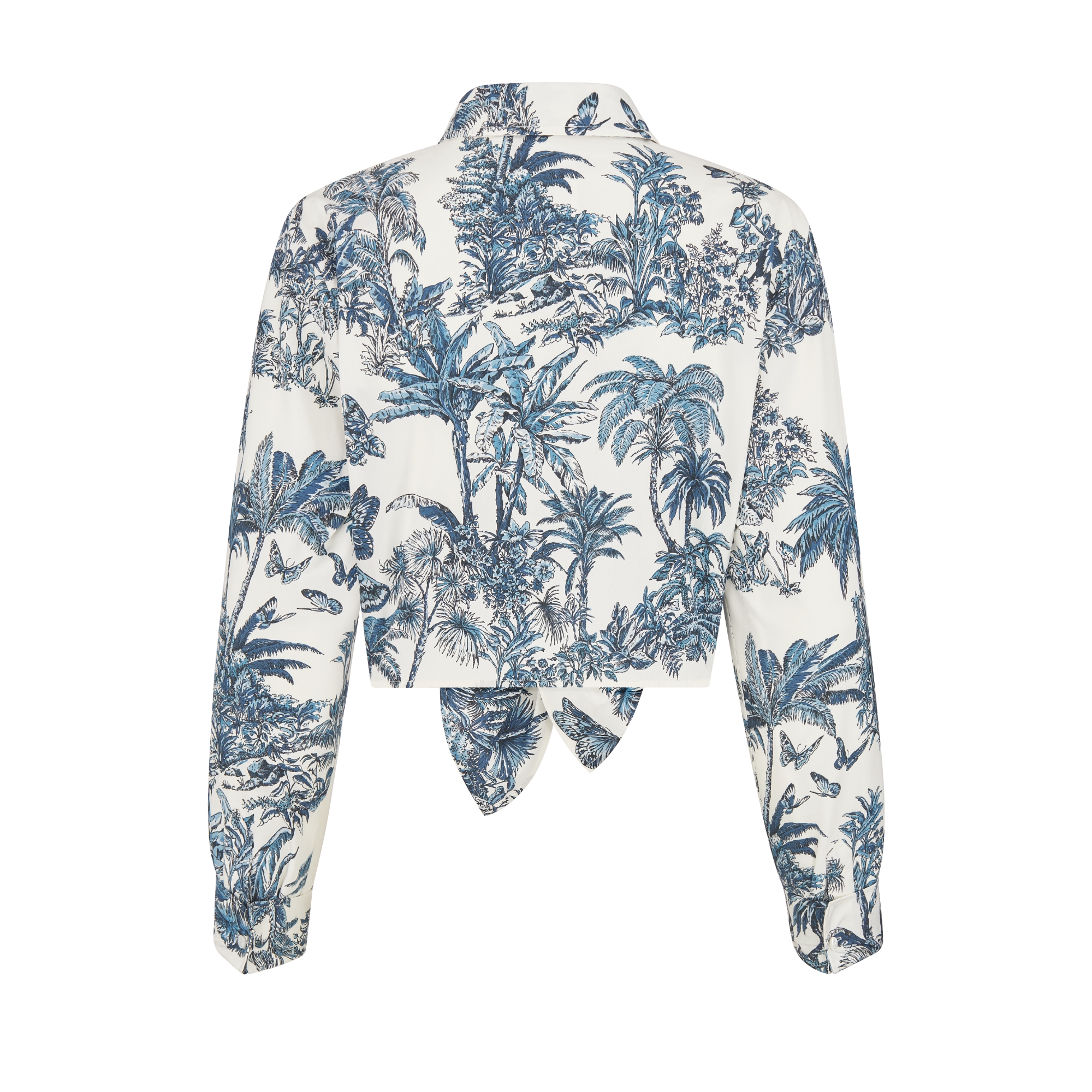 Dioriviera Cropped Tied Blouse White and Blue Toile de Jouy Palms Cotton and Silk Poplin E08