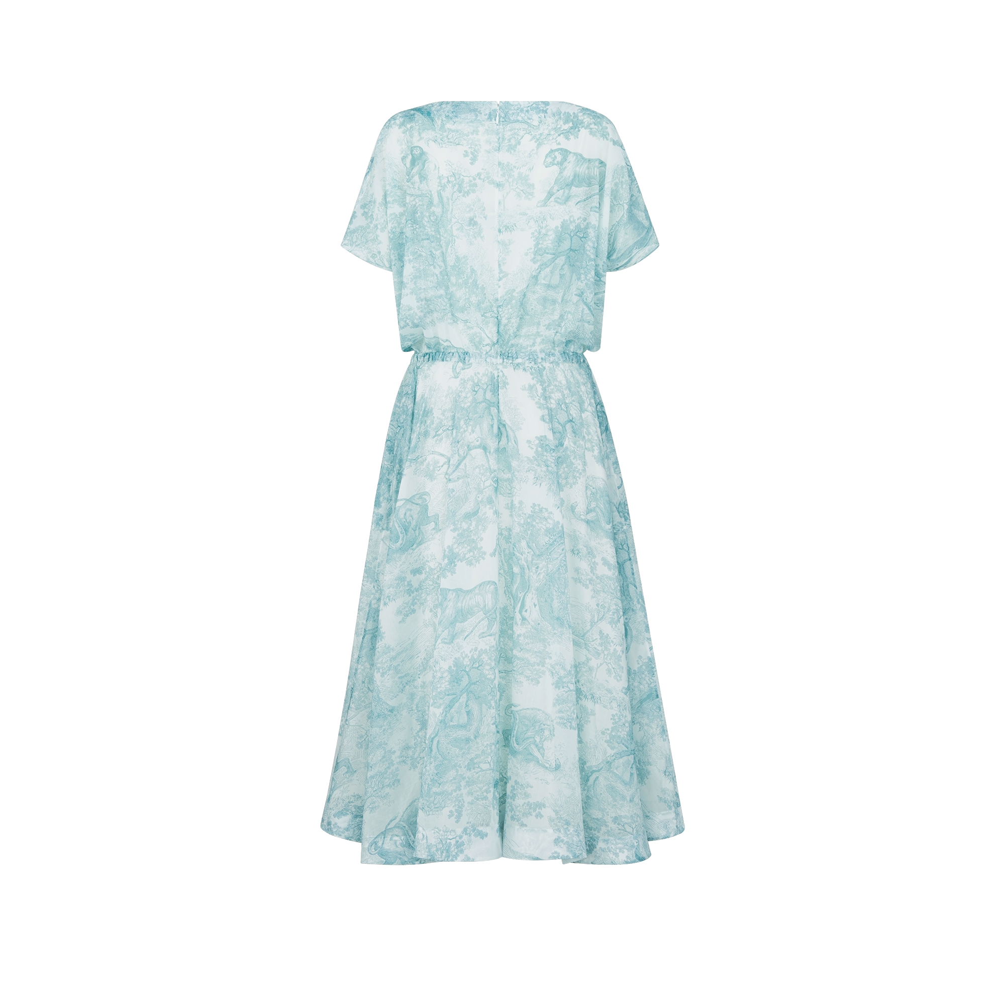 Dioriviera Mid-Length Flared Dress White Cotton Muslin with Lily of the Valley Green Toile de Jouy Sauvage Motif E08