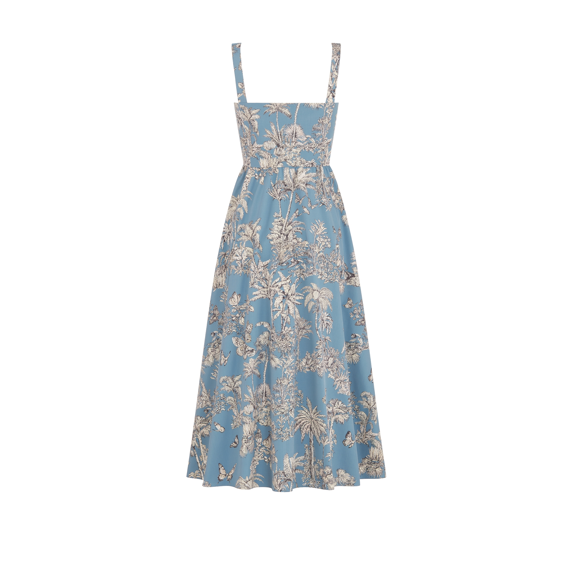 Dioriviera Mid-Length Flared Dress Celestial Blue Cotton and Silk Poplin with White Toile de Jouy Palms Motif E08