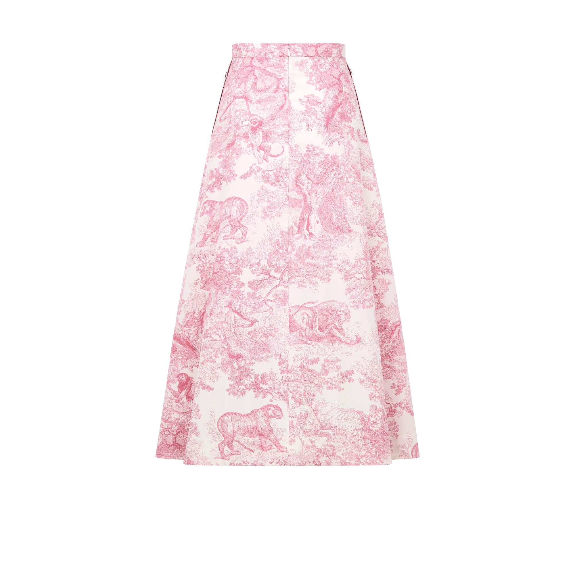 Dioriviera Mid-Length Flared Skirt White Cotton and Silk Poplin with Cherry Blossom Pink Toile de Jouy Sauvage Motif E08