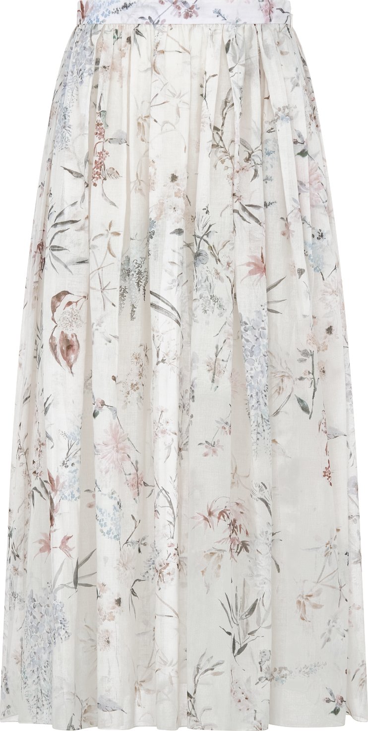 Mid-Length Flared Skirt Ecru Cotton Muslin with Multicolor Millefiori Motif