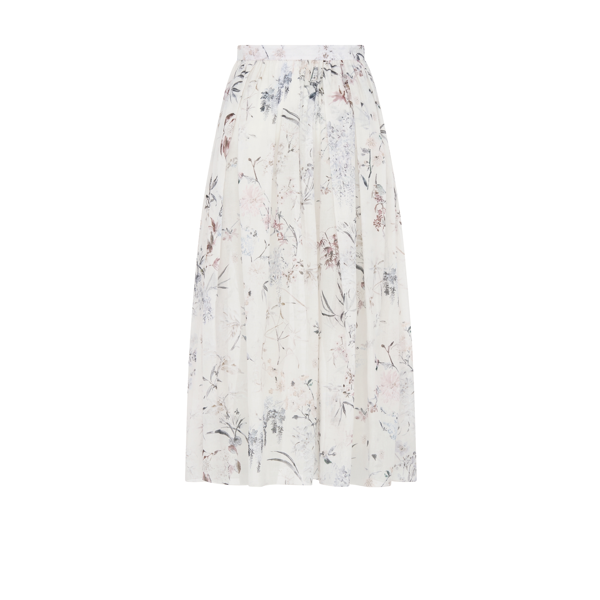 Mid-Length Flared Skirt Ecru Cotton Muslin with Multicolor Millefiori Motif E08