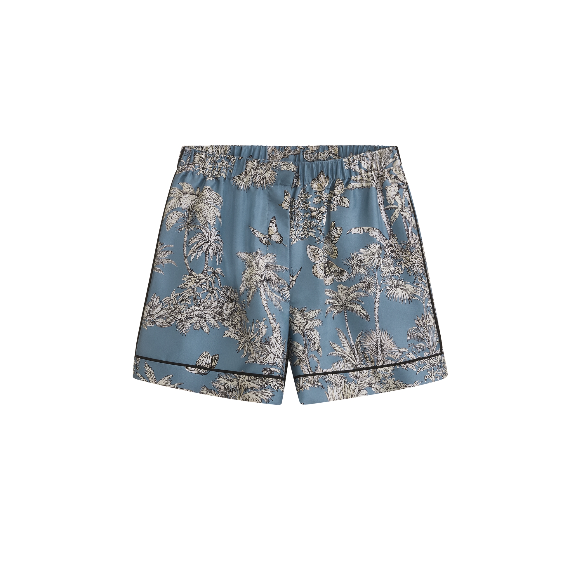  Twill di seta celeste con motivo Toile de Jouy Palms bianco