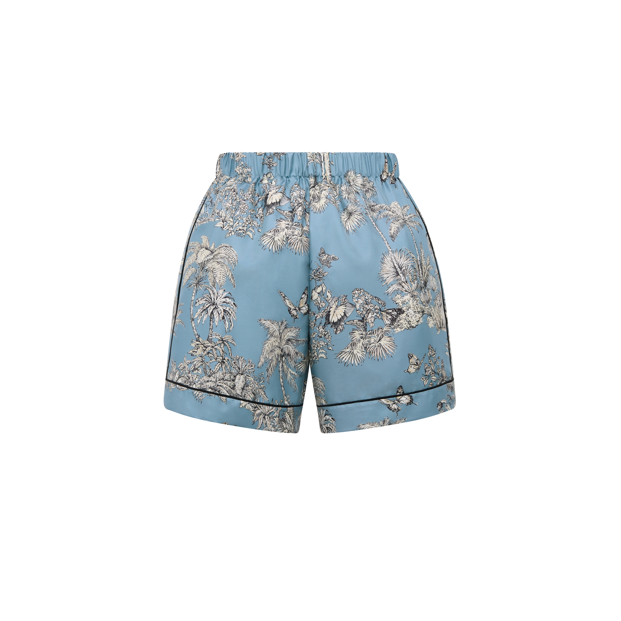 Dioriviera Shorts Celestial Blue Silk Twill with White Toile de Jouy Palms Motif E08