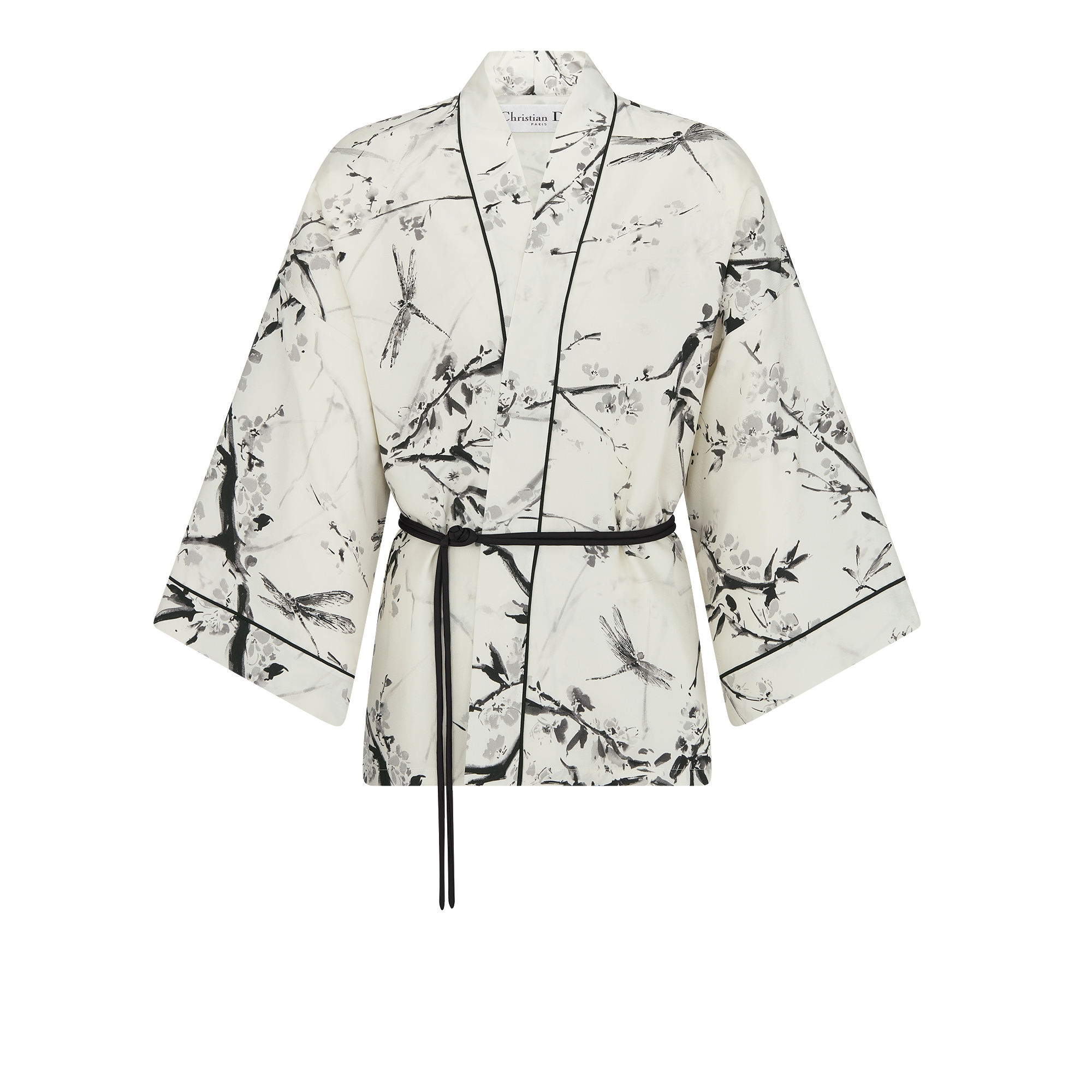 Belted Palto Jacket White Silk Twill with Gray and Black Jardin de