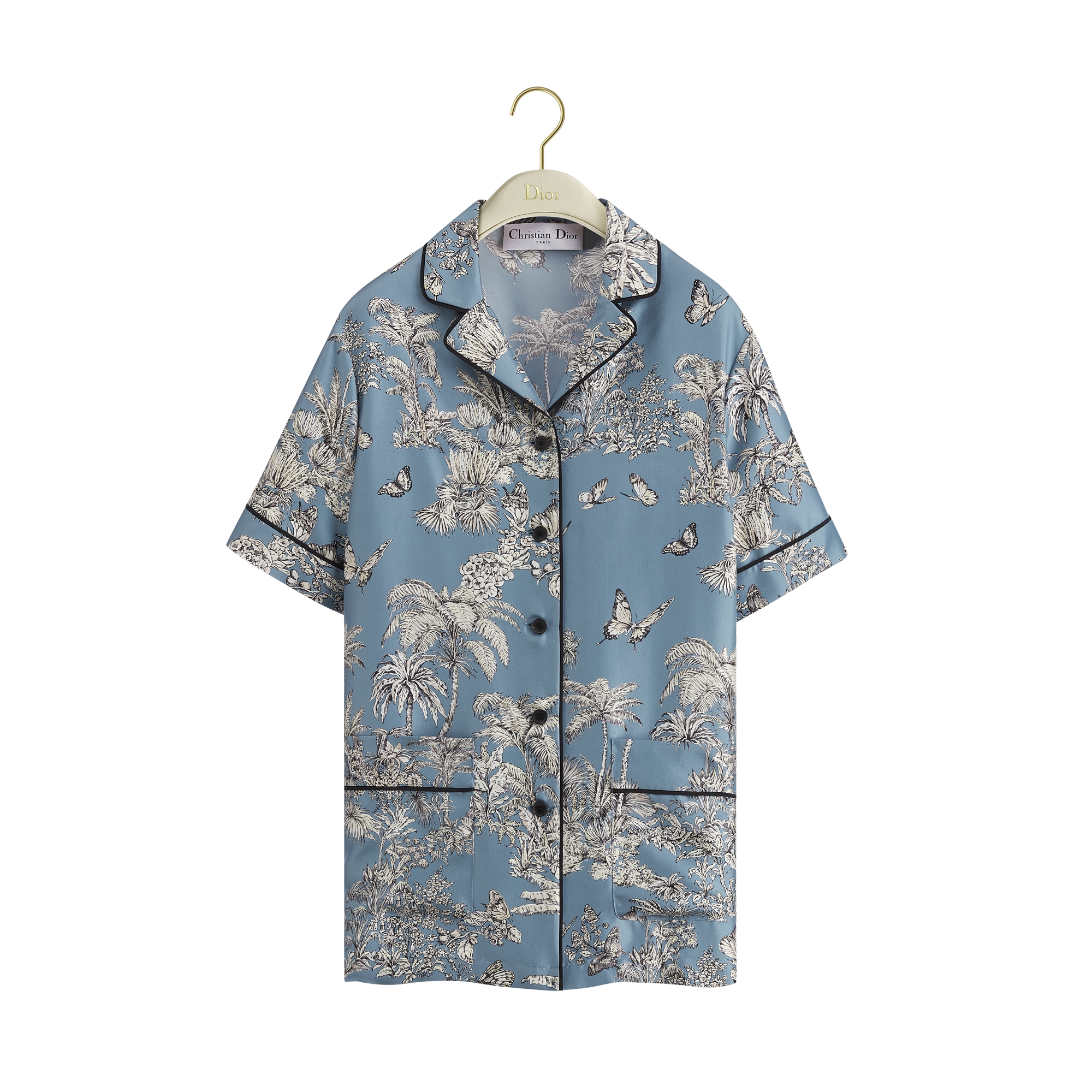  Céleste Blue Silk Twill with White Toile de Jouy Palms Motif