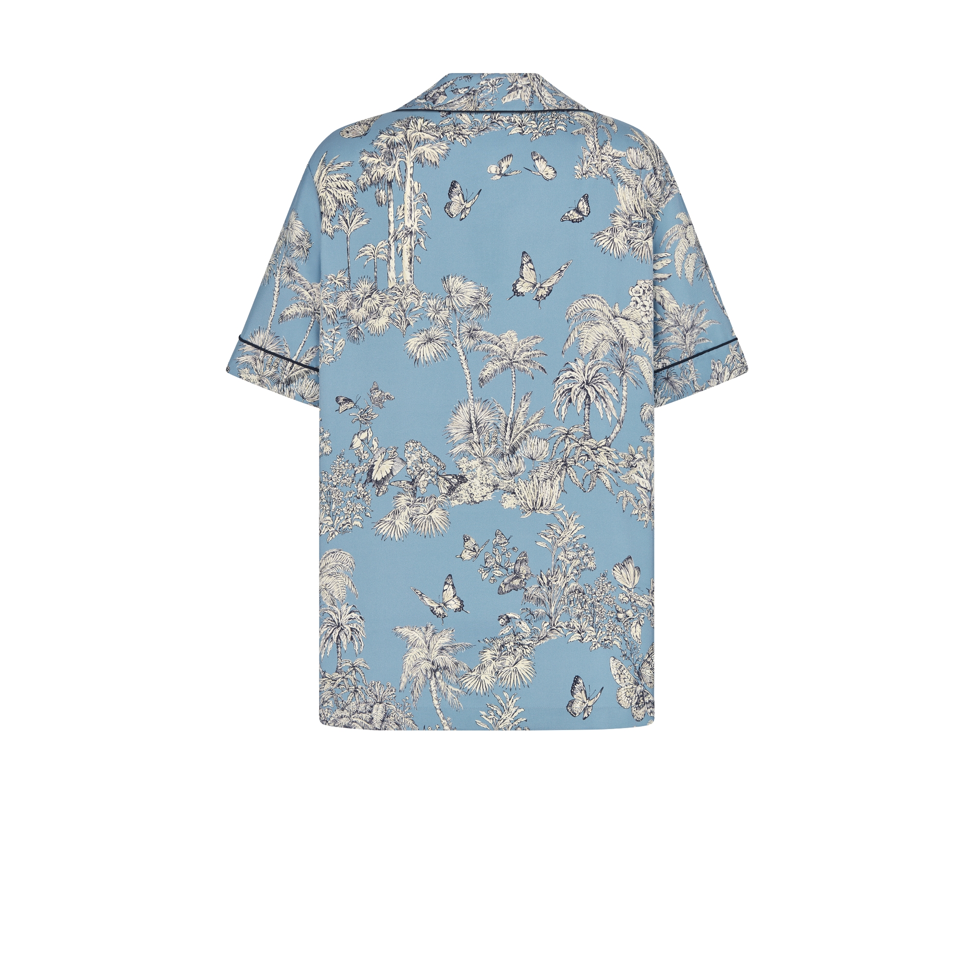 Dioriviera Short-Sleeved Shirt Celestial Blue Silk Twill with White Toile de Jouy Palms Motif E08