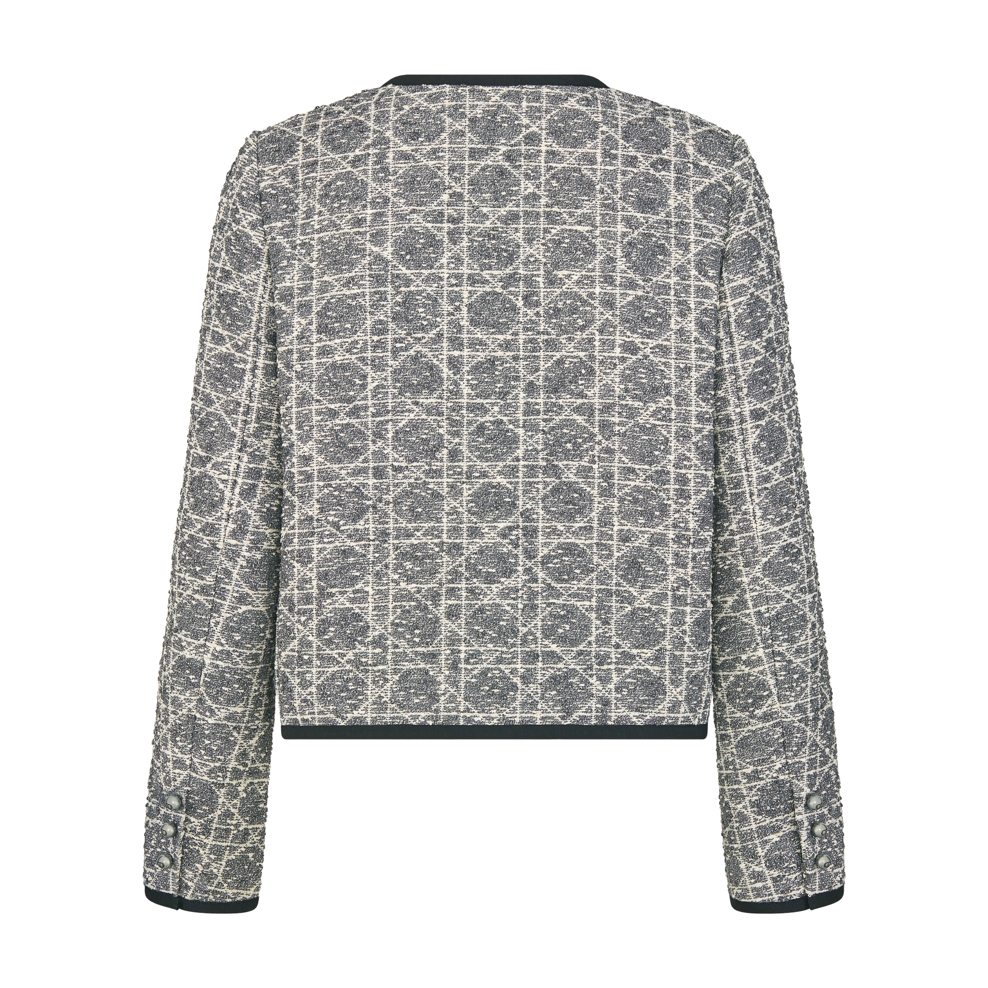 Kort jasje met Macrocannage-motief Grijs tweed van katoenblend met zilverkleurige metallic draad E08