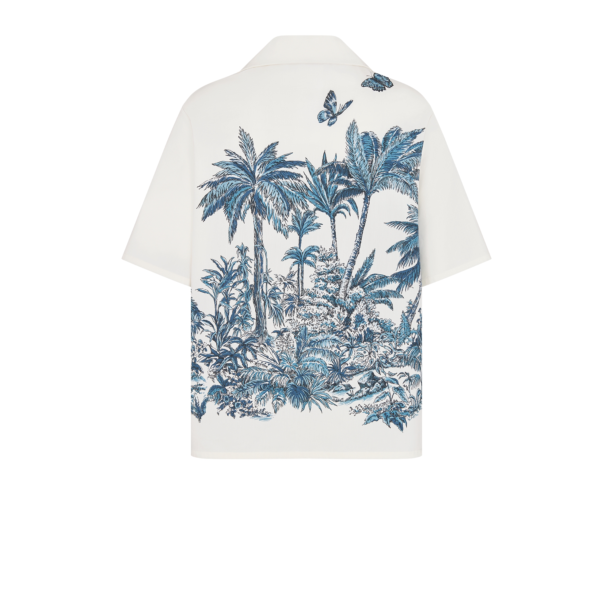 แจ็กเก็ตแขนสั้น Dioriviera ผ้าฝ้ายและผ้าไหมป๊อปลินพิมพ์ลาย Toile de Jouy Palms สีขาวและสีน้ำเงิน E08