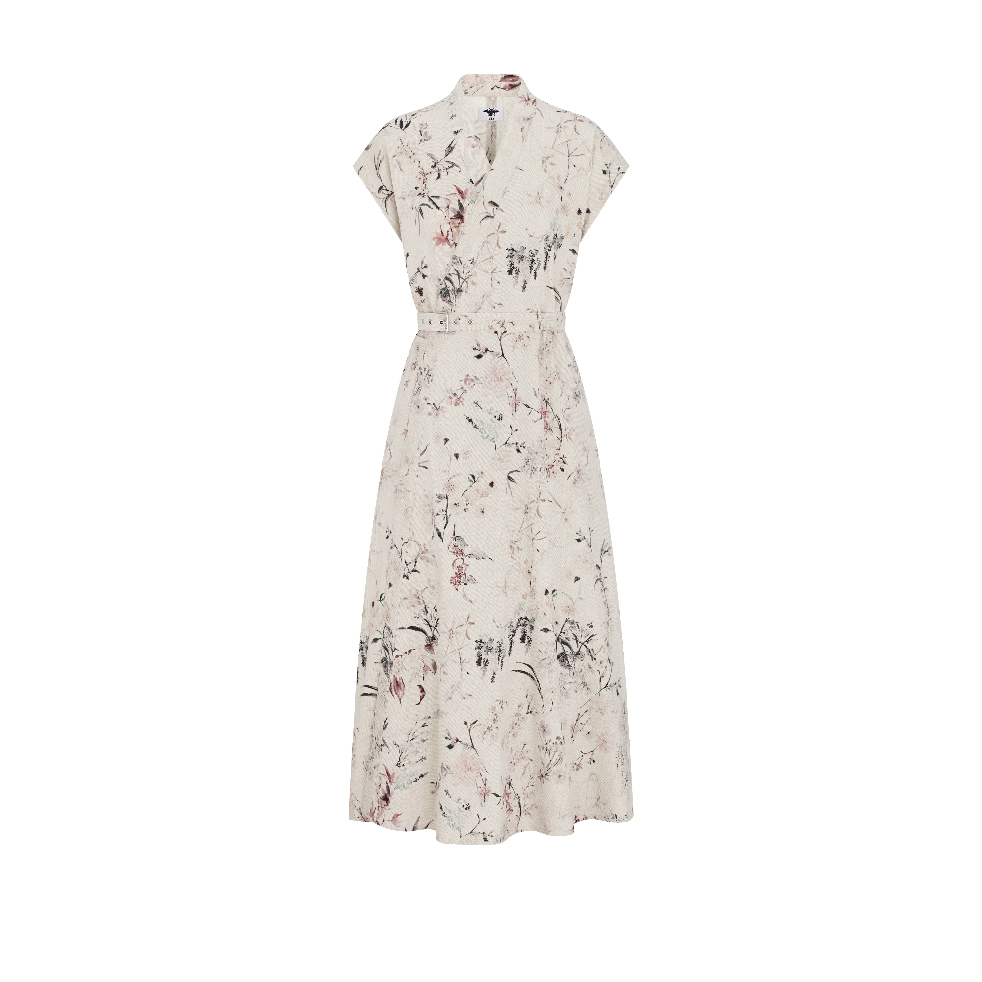 Mid-Length Belted Dress Beige Cotton and Linen Denim with Multicolor Millefiori Motif E01