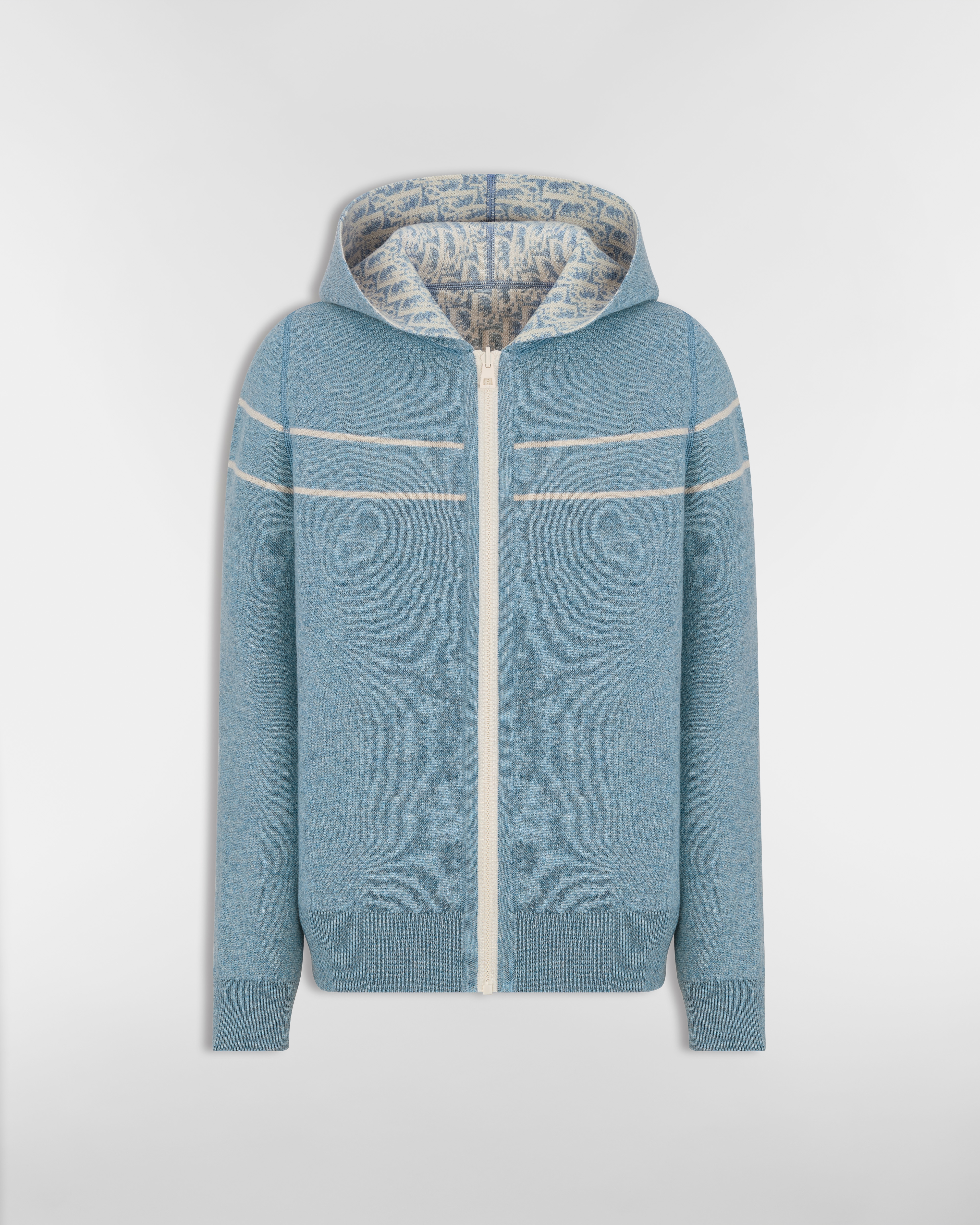 리버서블 후드 가디건 블루 Dior Oblique 모티브 캐시미어 블렌드 니트 E01