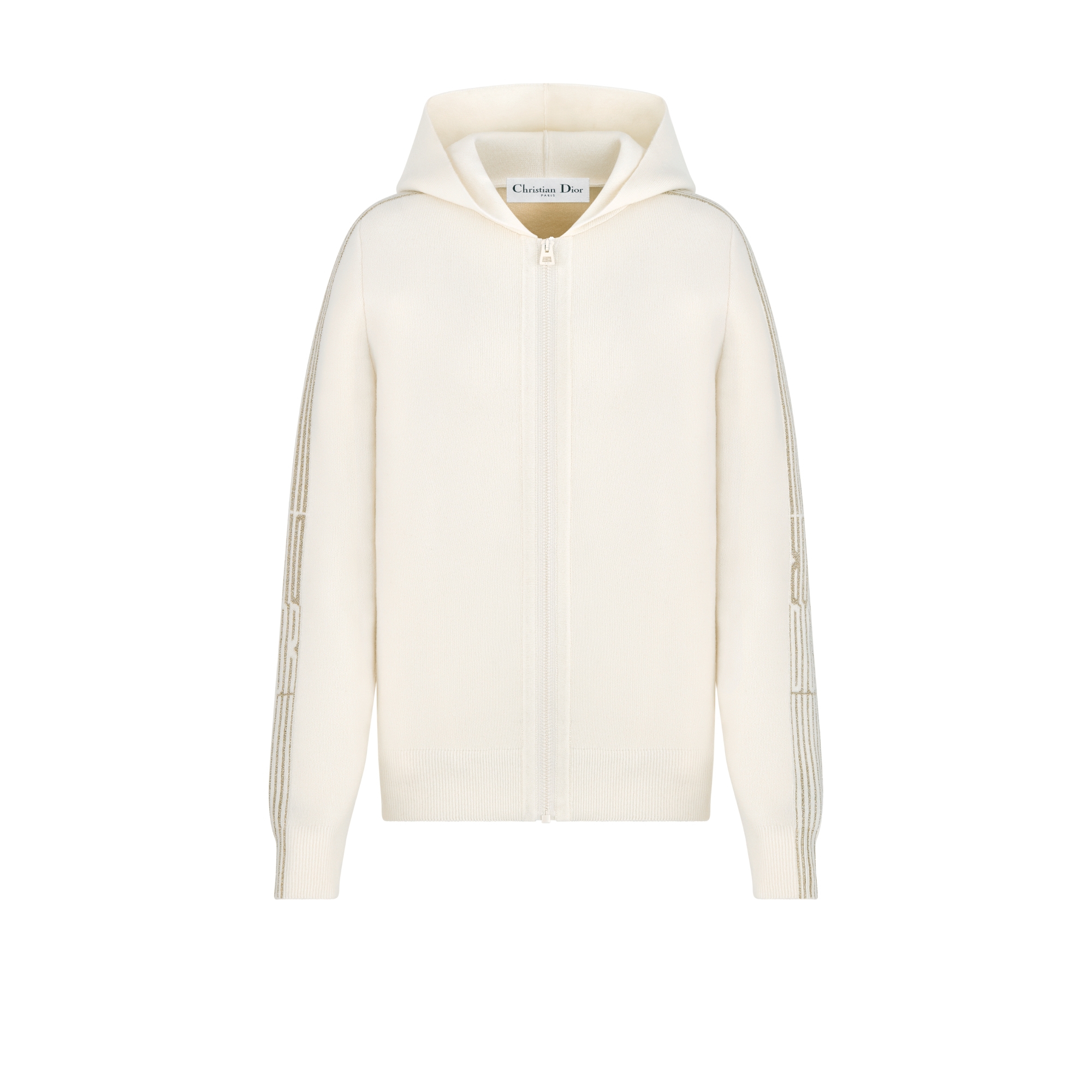 Vest met capuchon uit de DiorAlps-lijn Gebreid van een ecru kasjmierblend met goudkleurig Dior Graphique-motief E01