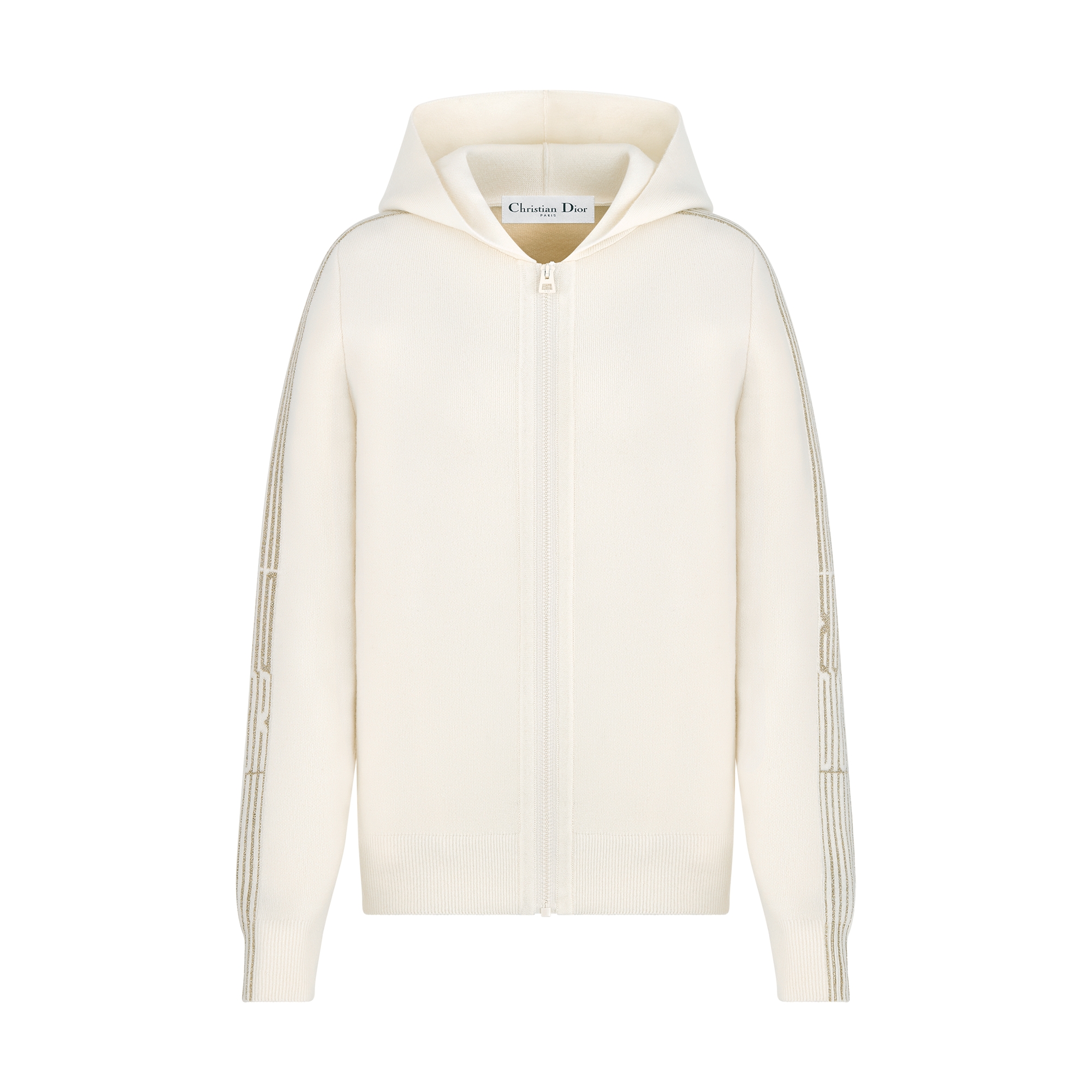 DiorAlps Hooded Cardigan Ecru Cashmere-Blend Knit with Gold-Tone Dior Graphique Motif E01