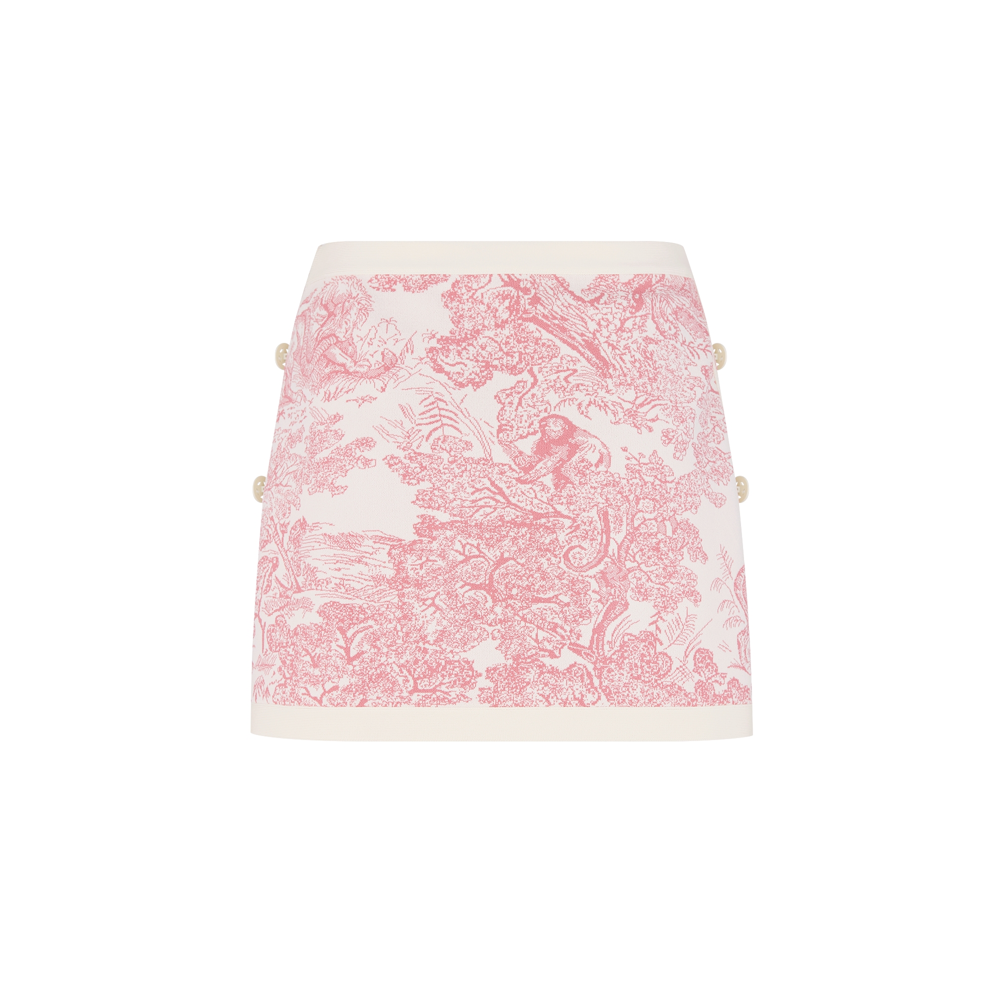 Dioriviera Straight Miniskirt White Technical Knit with Cherry Blossom Pink Toile de Jouy Sauvage Motif E08