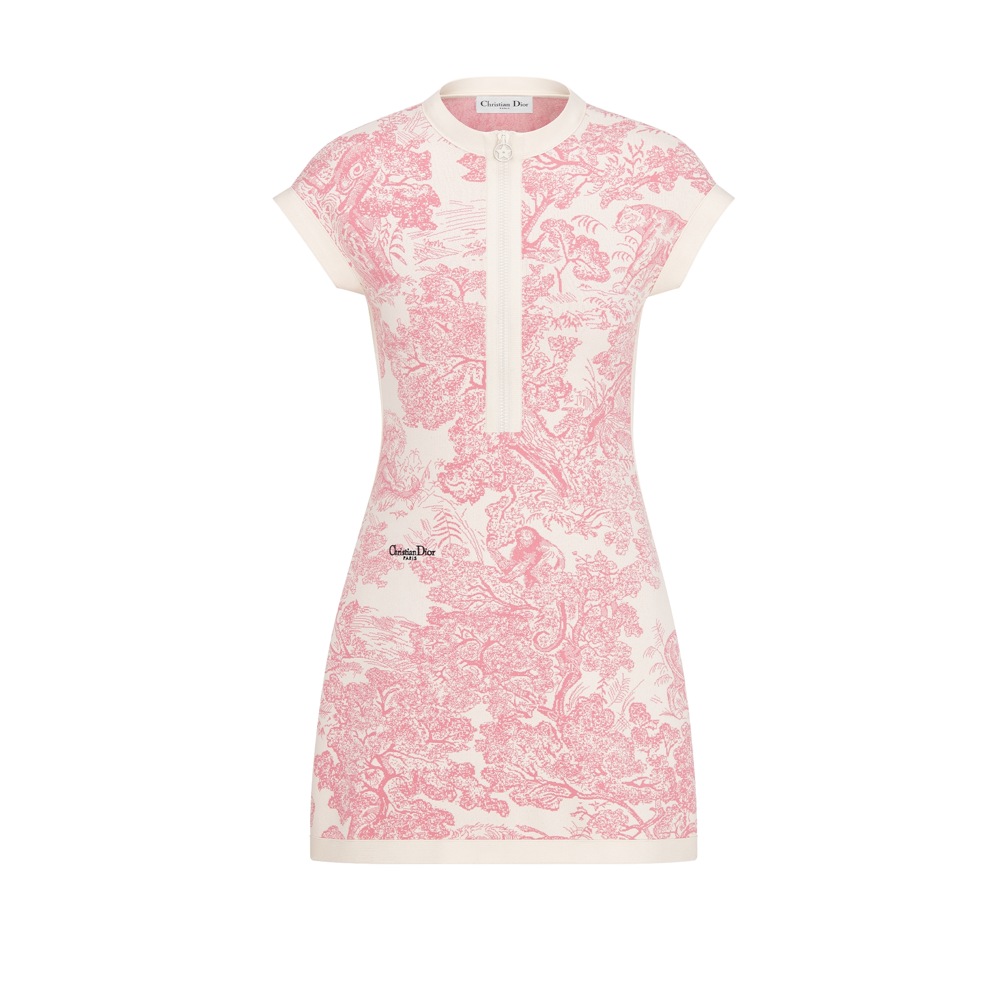 Dioriviera Short Flared Dress White Technical Knit with Cherry Blossom Pink Toile de Jouy Sauvage Motif E01